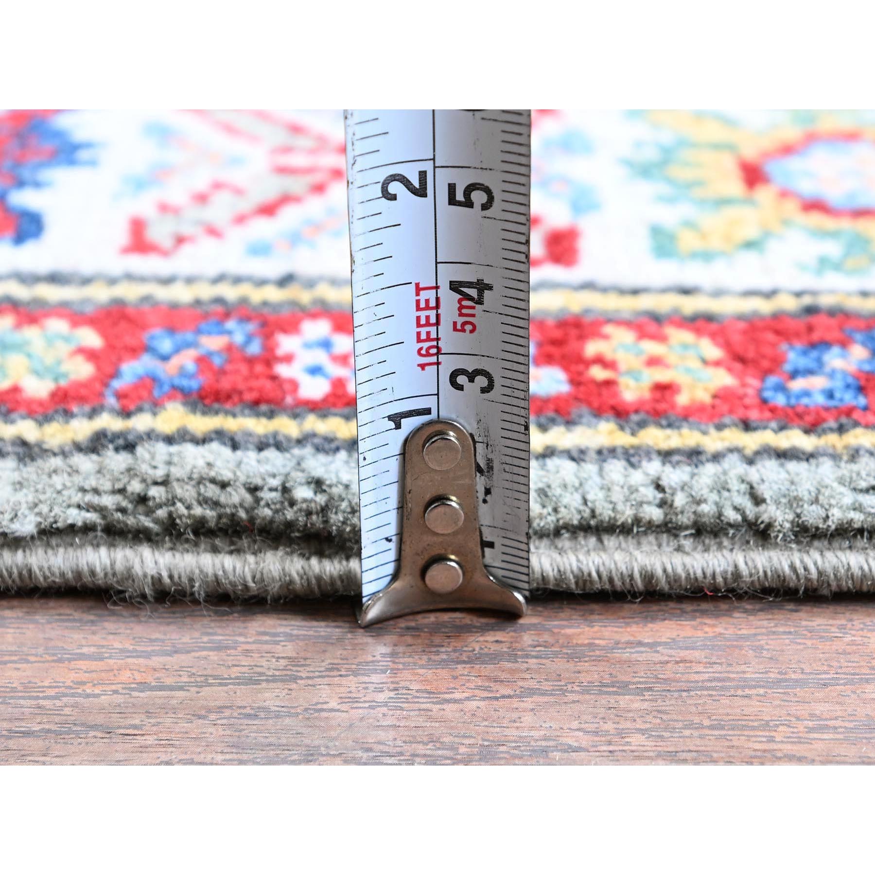 2'7"x9'3" Whisper Green, Kazak with Geometric Medallions Design, Soft and Shiny Wool, Hand Knotted, Vegetable Dyes, Denser Weave, Runner, Oriental Rug Sh454