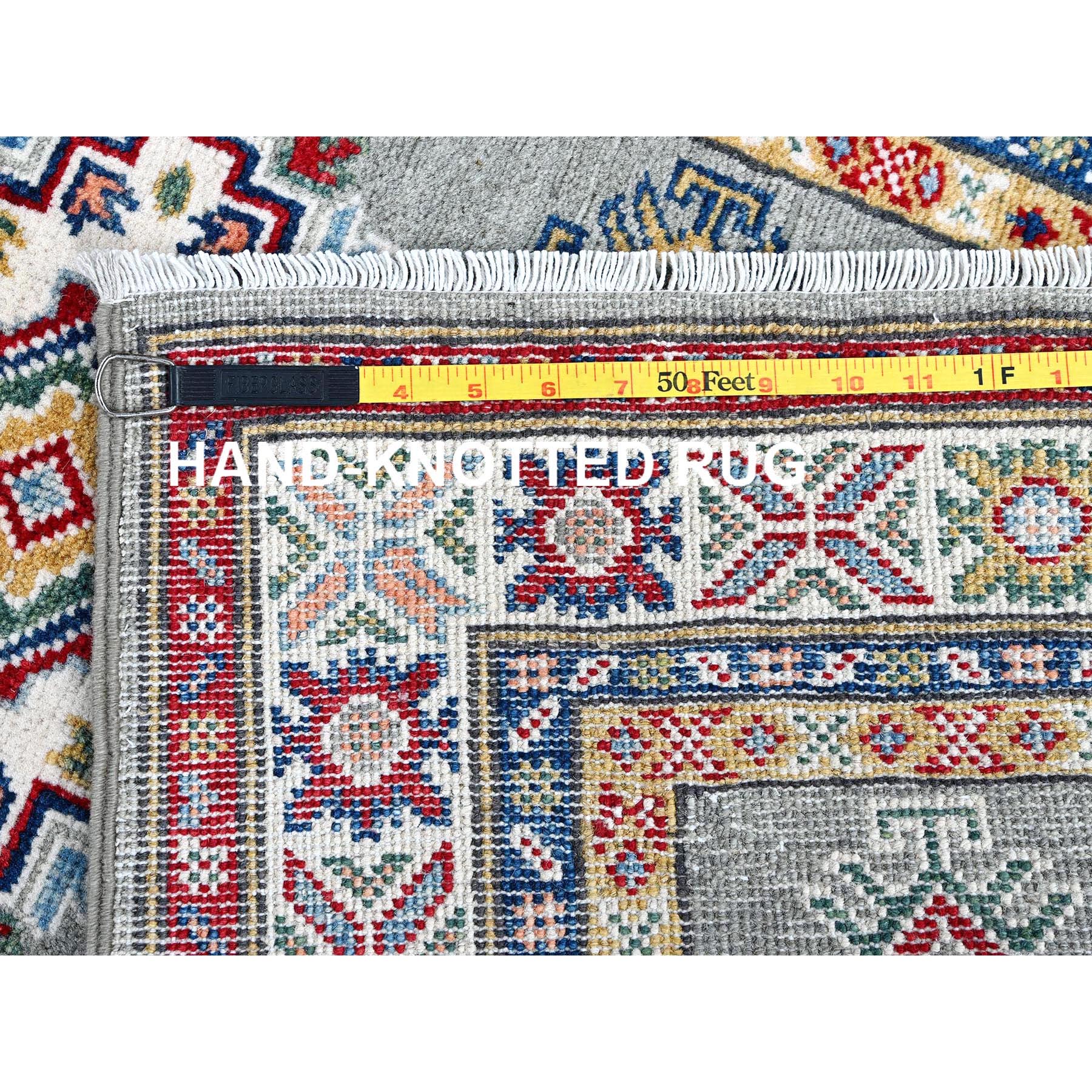 2'7"x9'3" Whisper Green, Kazak with Geometric Medallions Design, Soft and Shiny Wool, Hand Knotted, Vegetable Dyes, Denser Weave, Runner, Oriental Rug Sh454