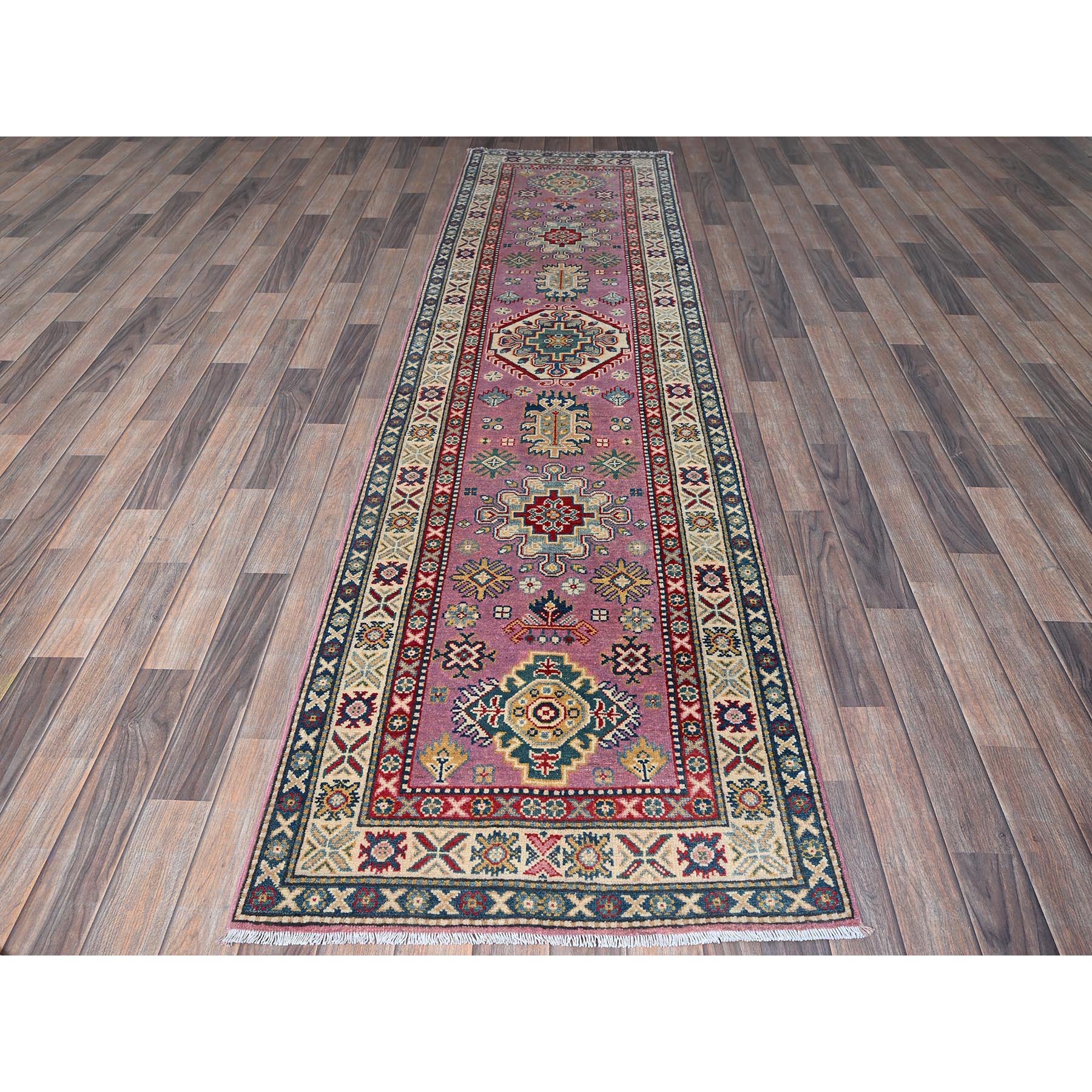 2'7"x10'1" Neon Pink, Kazak with Tribal Medallions Design, Hand Knotted, Soft and Vibrant Wool, Vegetable Dyes, Denser Weave, Runner, Oriental Rug Sh455