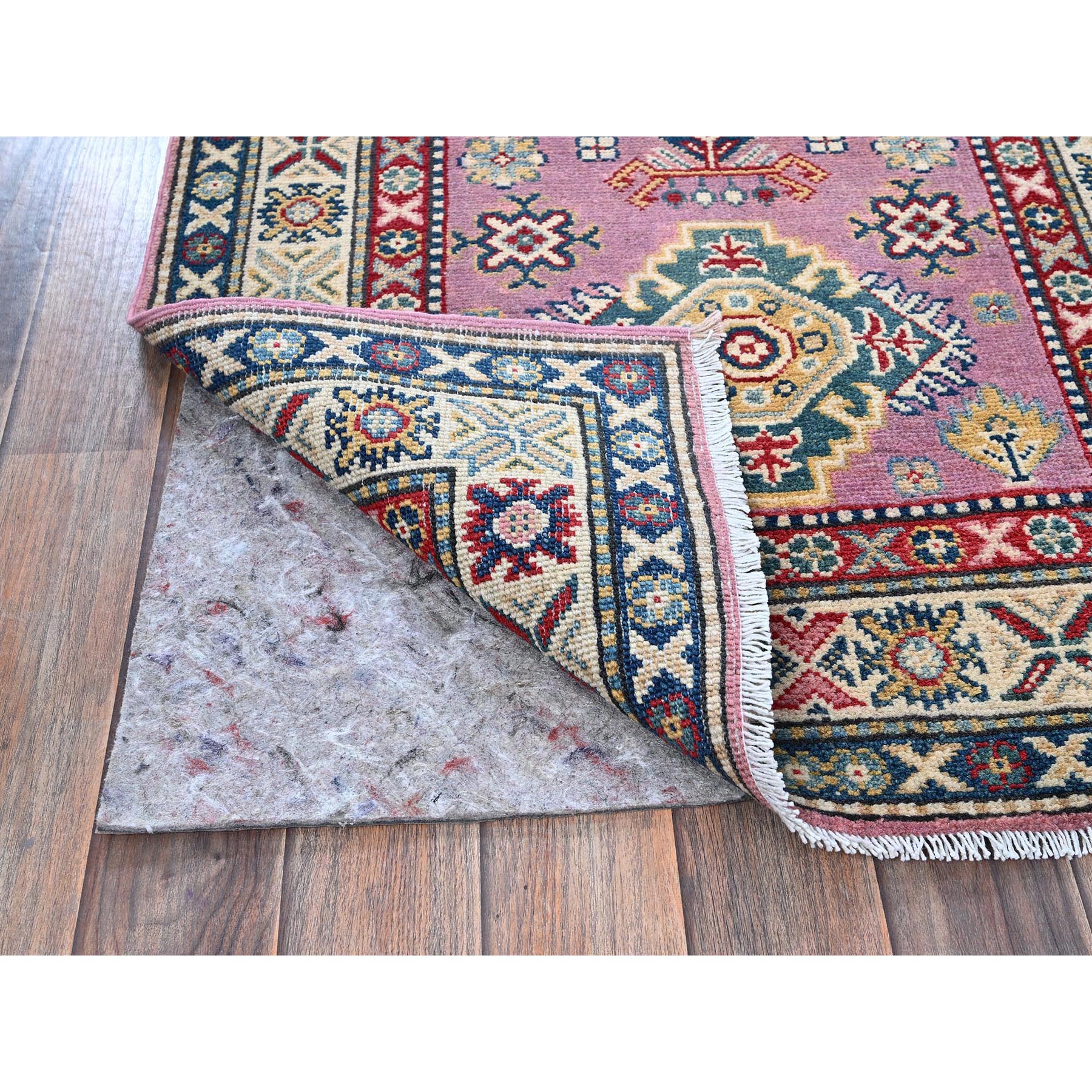 2'7"x10'1" Neon Pink, Kazak with Tribal Medallions Design, Hand Knotted, Soft and Vibrant Wool, Vegetable Dyes, Denser Weave, Runner, Oriental Rug Sh455