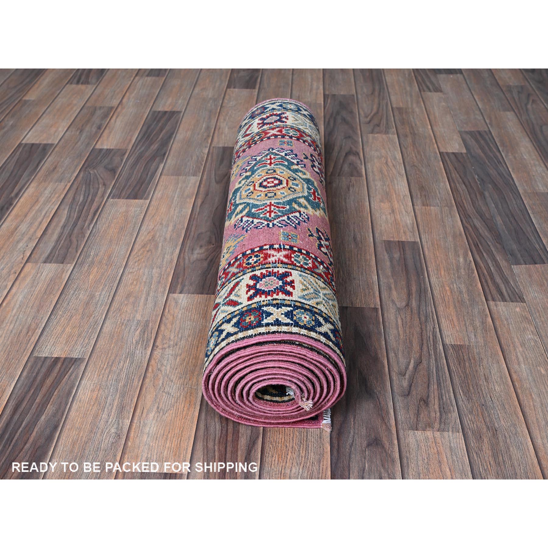 2'7"x10'1" Neon Pink, Kazak with Tribal Medallions Design, Hand Knotted, Soft and Vibrant Wool, Vegetable Dyes, Denser Weave, Runner, Oriental Rug Sh455