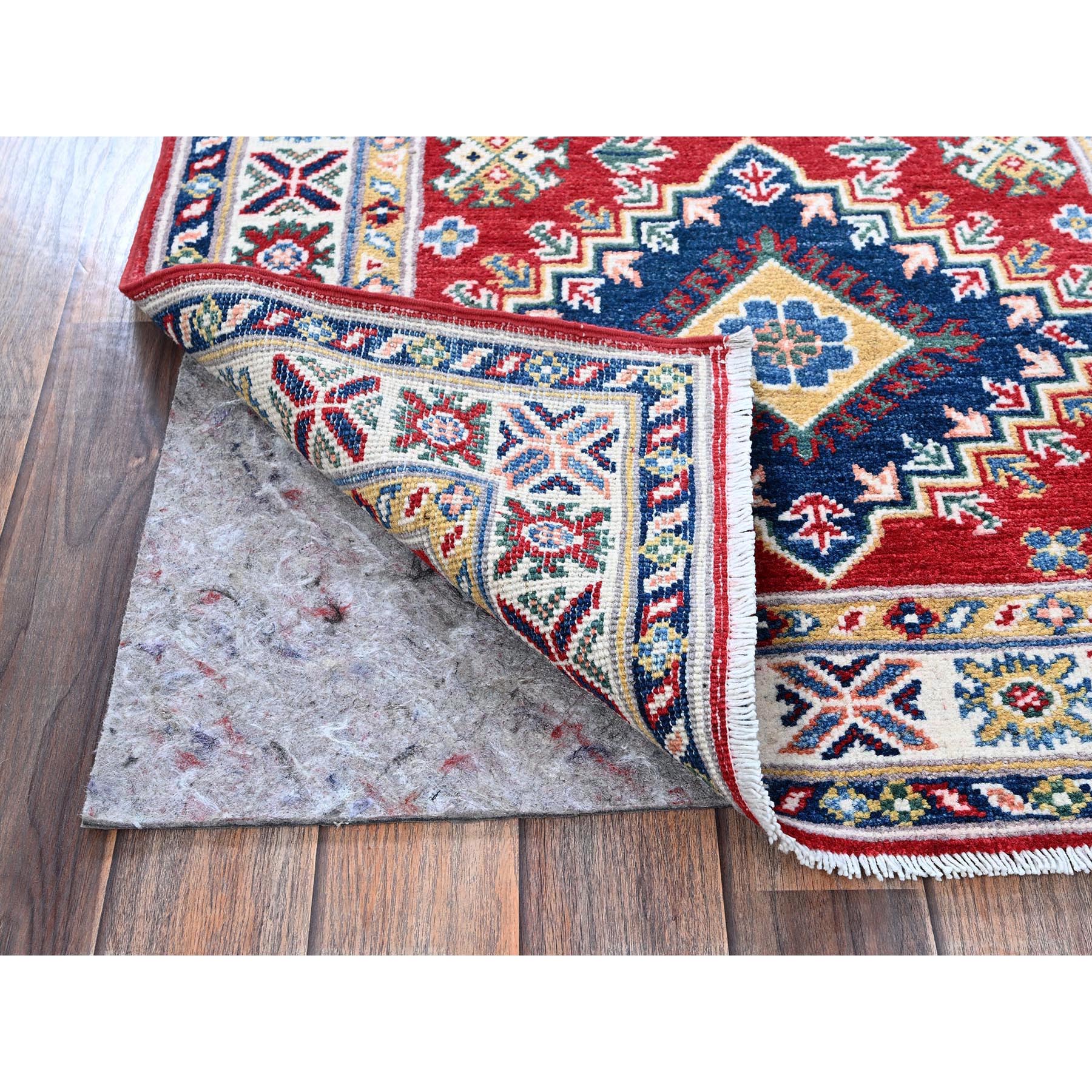 2'9"x9'8" Berry Red, Kazak with Geometric Medallions Design, Soft and Shiny Wool, Hand Knotted, Vegetable Dyes, Denser Weave, Runner, Oriental Rug Sh456