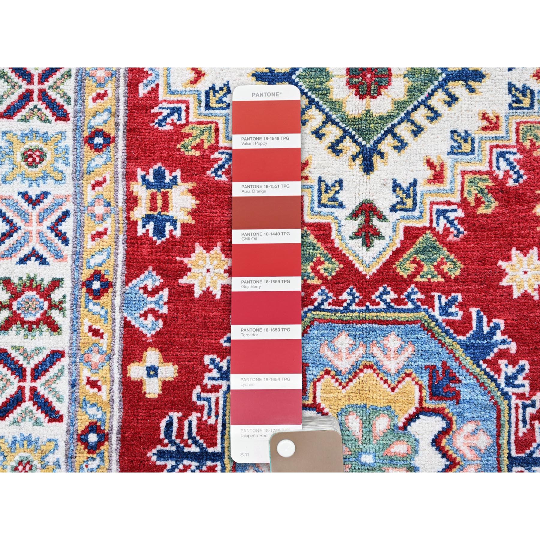 2'9"x9'8" Berry Red, Kazak with Geometric Medallions Design, Soft and Shiny Wool, Hand Knotted, Vegetable Dyes, Denser Weave, Runner, Oriental Rug Sh456