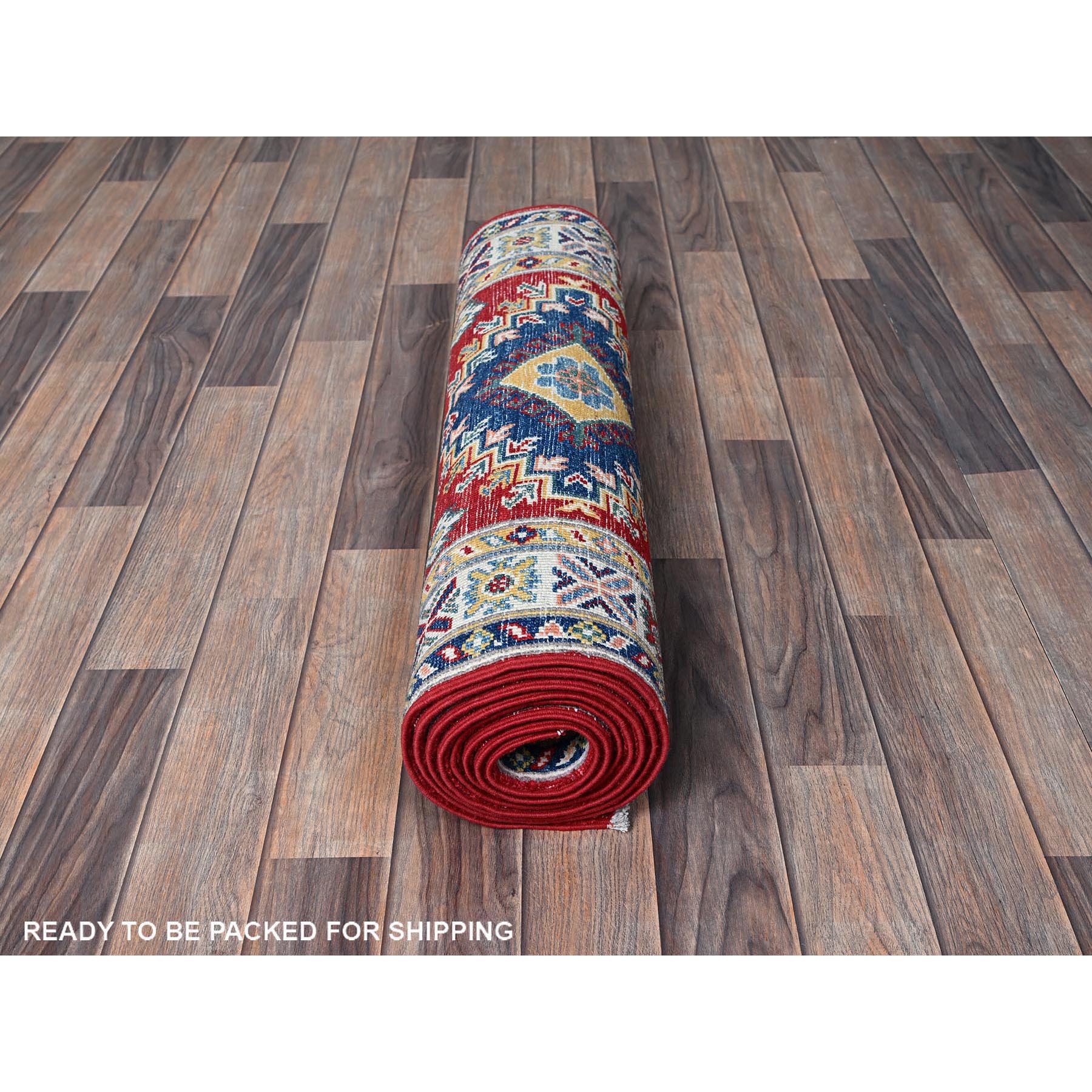 2'9"x9'8" Berry Red, Kazak with Geometric Medallions Design, Soft and Shiny Wool, Hand Knotted, Vegetable Dyes, Denser Weave, Runner, Oriental Rug Sh456