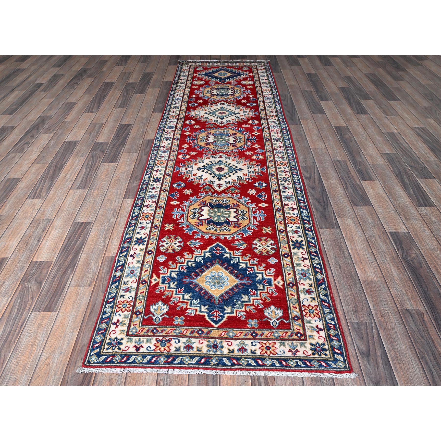 2'10"x9'7" Crimson Red, Kazak with Geometric Medallions Design, Hand Knotted, Soft and Vibrant Wool, Vegetable Dyes, Denser Weave, Runner, Oriental Rug Sh457
