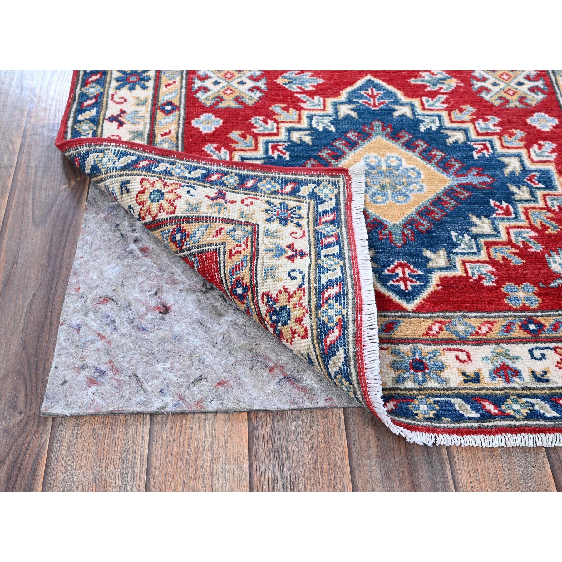 2'10"x9'7" Crimson Red, Kazak with Geometric Medallions Design, Hand Knotted, Soft and Vibrant Wool, Vegetable Dyes, Denser Weave, Runner, Oriental Rug Sh457