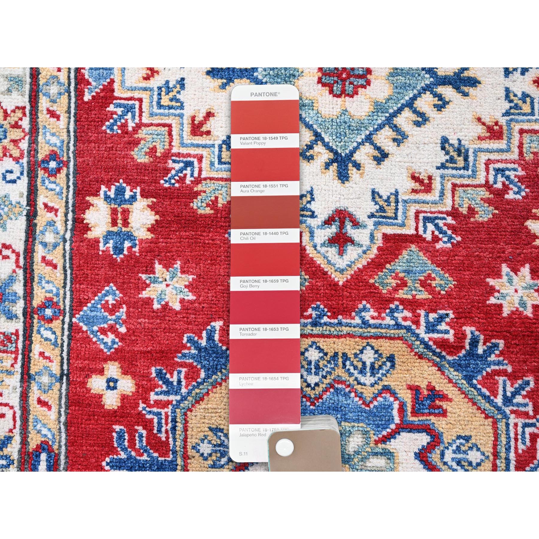 2'10"x9'7" Crimson Red, Kazak with Geometric Medallions Design, Hand Knotted, Soft and Vibrant Wool, Vegetable Dyes, Denser Weave, Runner, Oriental Rug Sh457