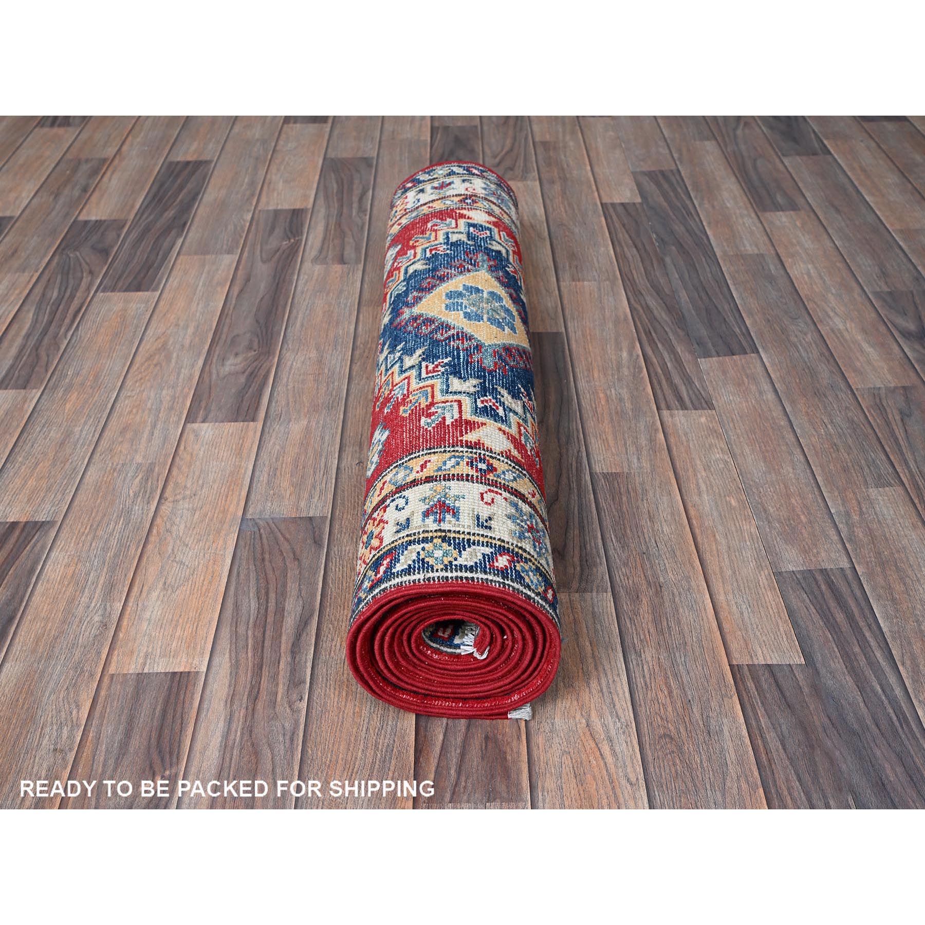 2'10"x9'7" Crimson Red, Kazak with Geometric Medallions Design, Hand Knotted, Soft and Vibrant Wool, Vegetable Dyes, Denser Weave, Runner, Oriental Rug Sh457