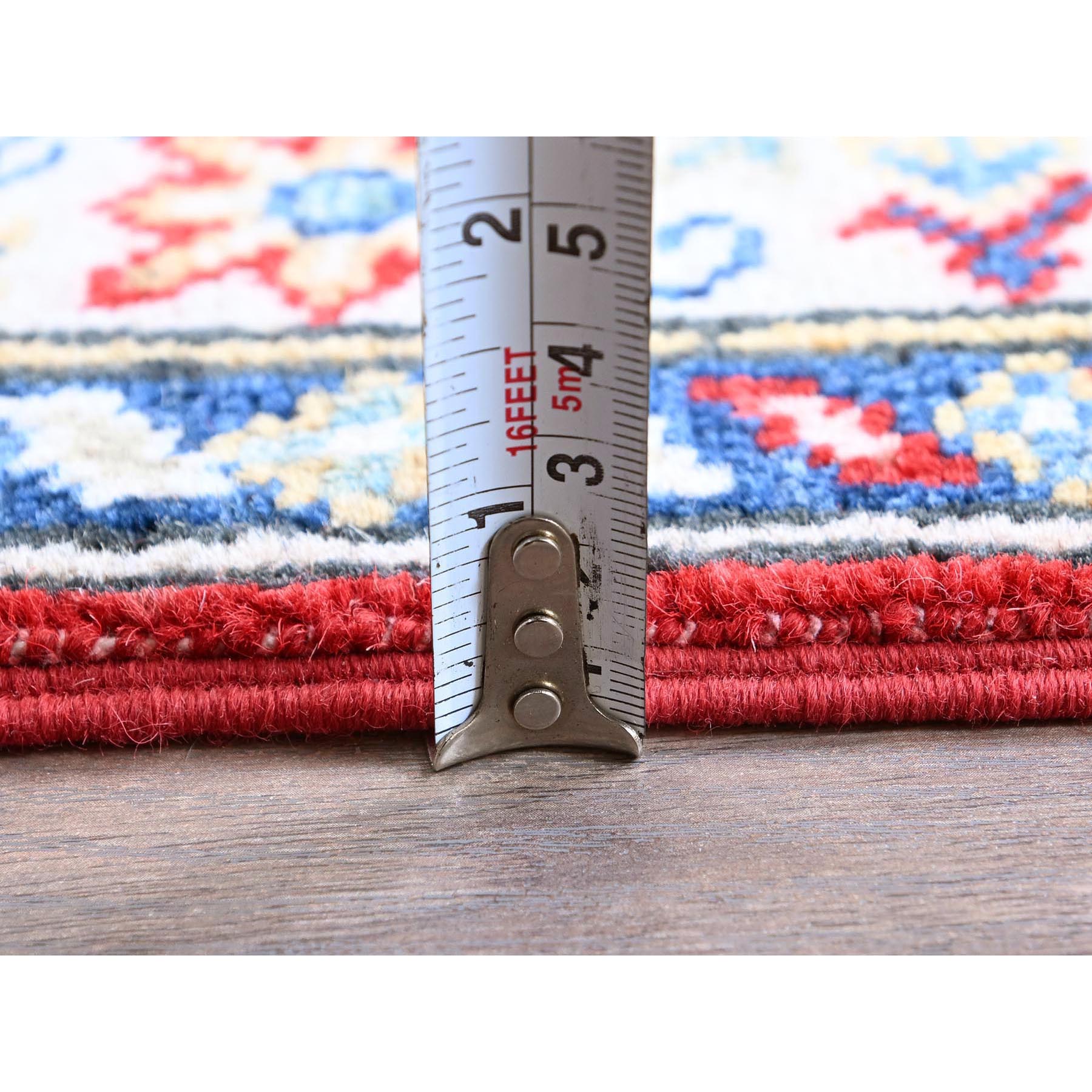 2'10"x9'7" Crimson Red, Kazak with Geometric Medallions Design, Hand Knotted, Soft and Vibrant Wool, Vegetable Dyes, Denser Weave, Runner, Oriental Rug Sh457