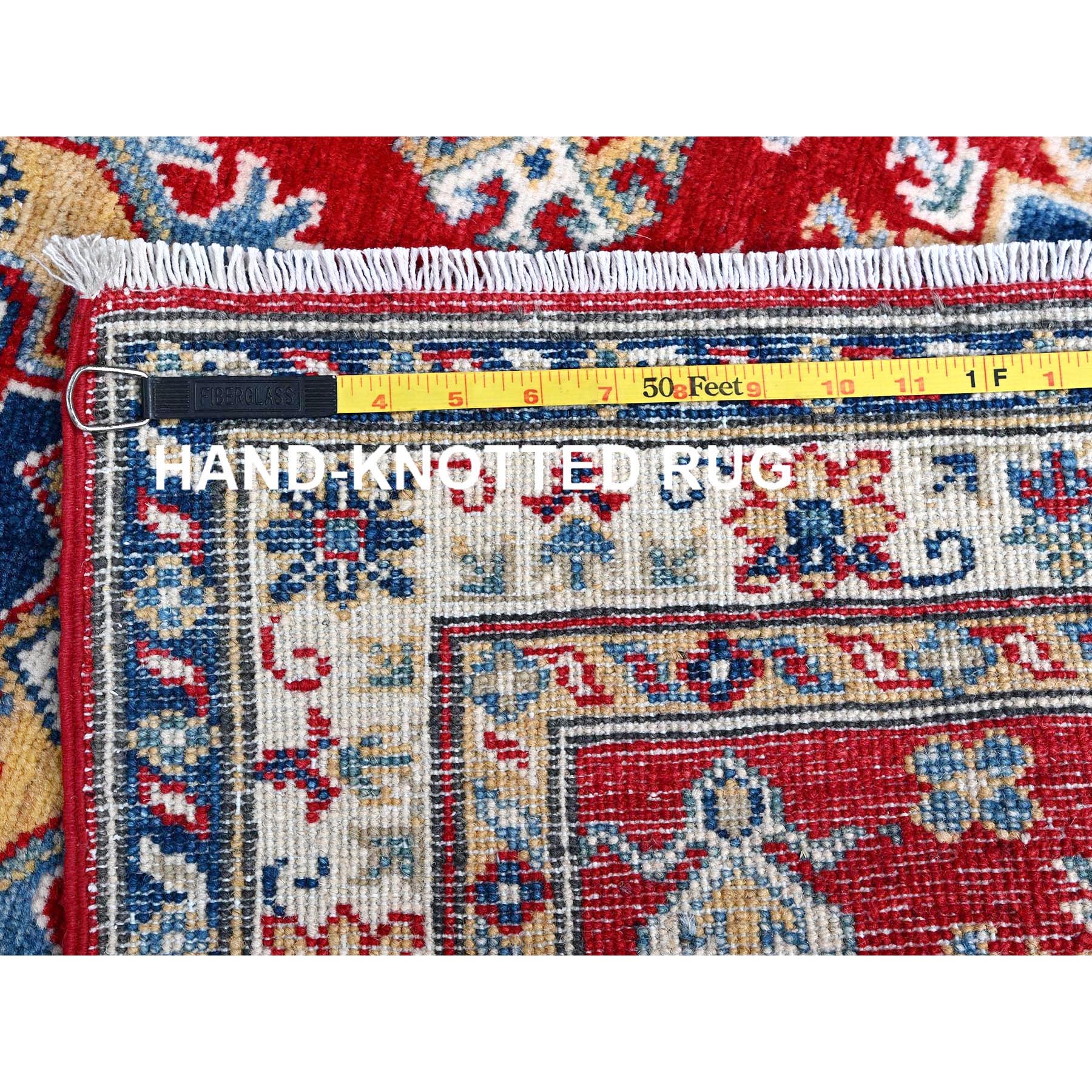 2'10"x9'7" Crimson Red, Kazak with Geometric Medallions Design, Hand Knotted, Soft and Vibrant Wool, Vegetable Dyes, Denser Weave, Runner, Oriental Rug Sh457