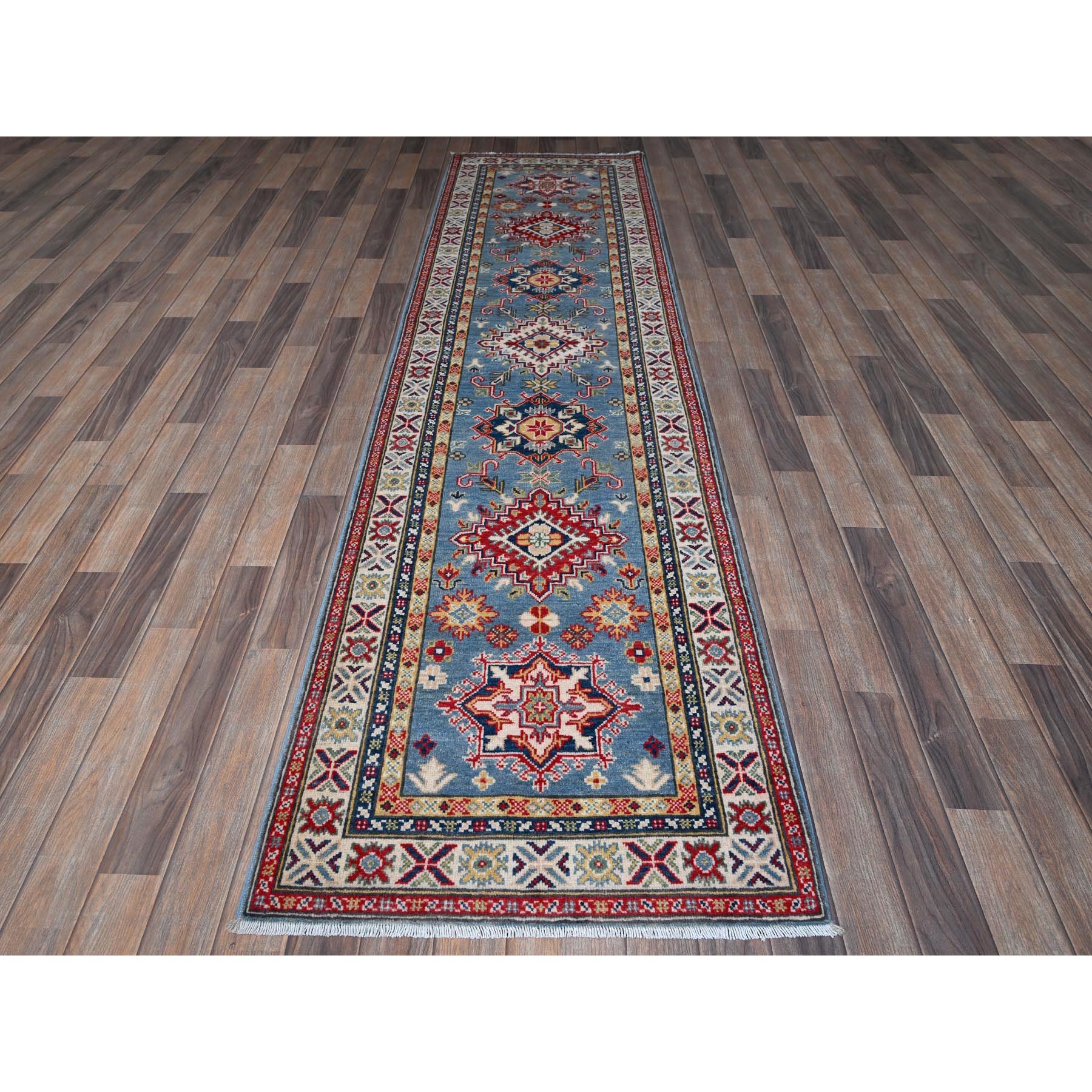 2'7"x9'9" Carolina Blue, Kazak with Tribal Medallions Design, Soft and Shiny Wool, Vegetable Dyes, Hand Knotted, Denser Weave, Runner, Oriental Rug Sh458