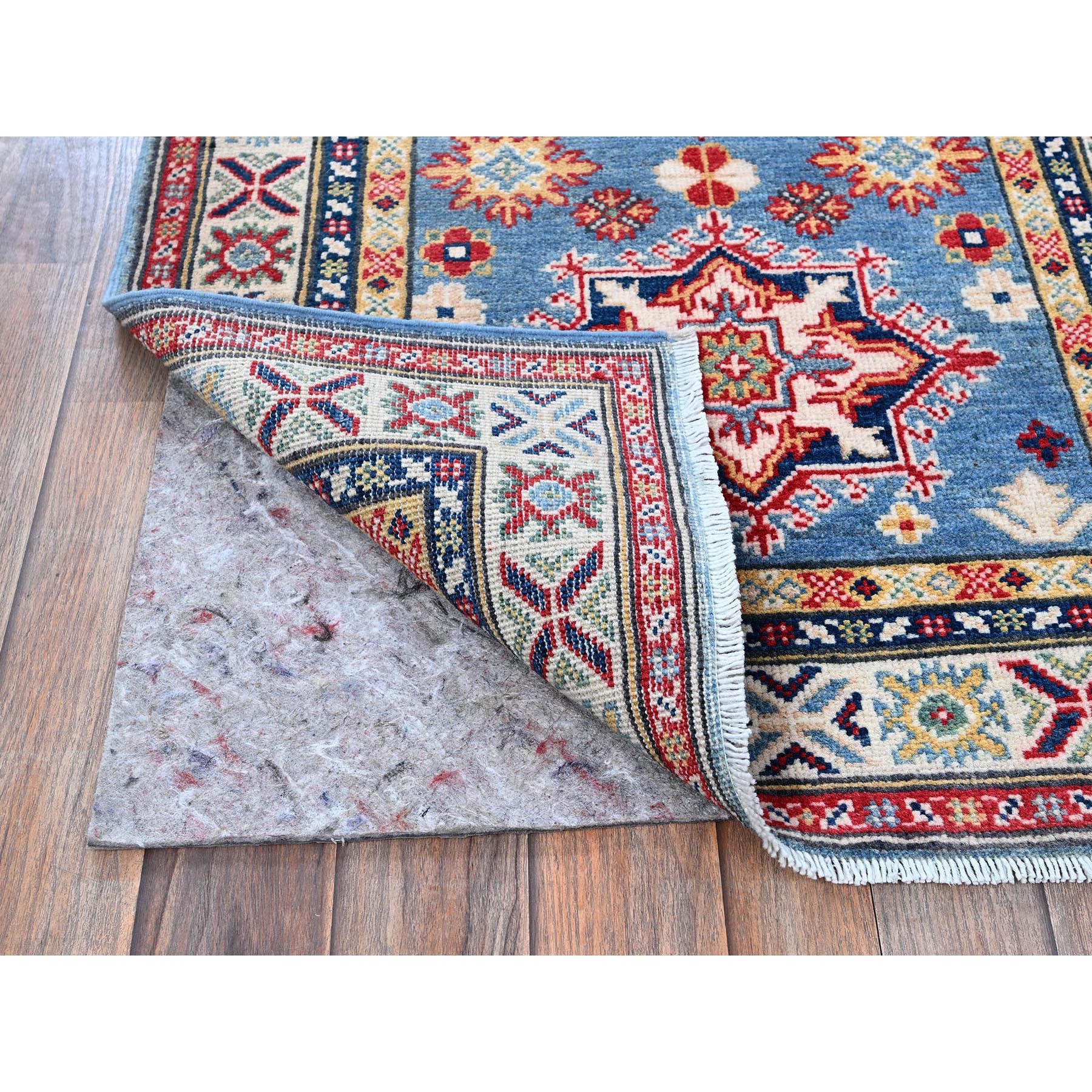 2'7"x9'9" Carolina Blue, Kazak with Tribal Medallions Design, Soft and Shiny Wool, Vegetable Dyes, Hand Knotted, Denser Weave, Runner, Oriental Rug Sh458