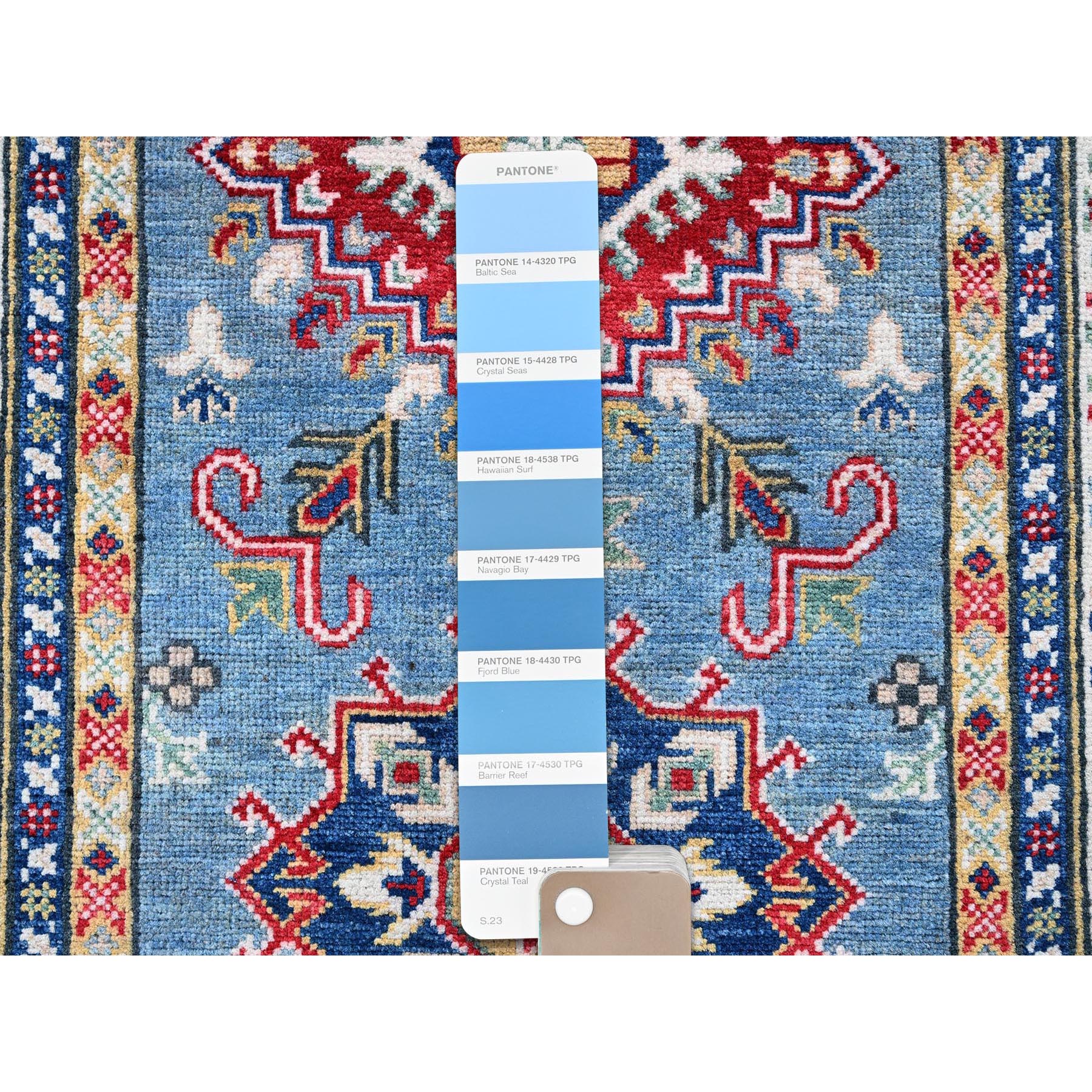 2'7"x9'9" Carolina Blue, Kazak with Tribal Medallions Design, Soft and Shiny Wool, Vegetable Dyes, Hand Knotted, Denser Weave, Runner, Oriental Rug Sh458