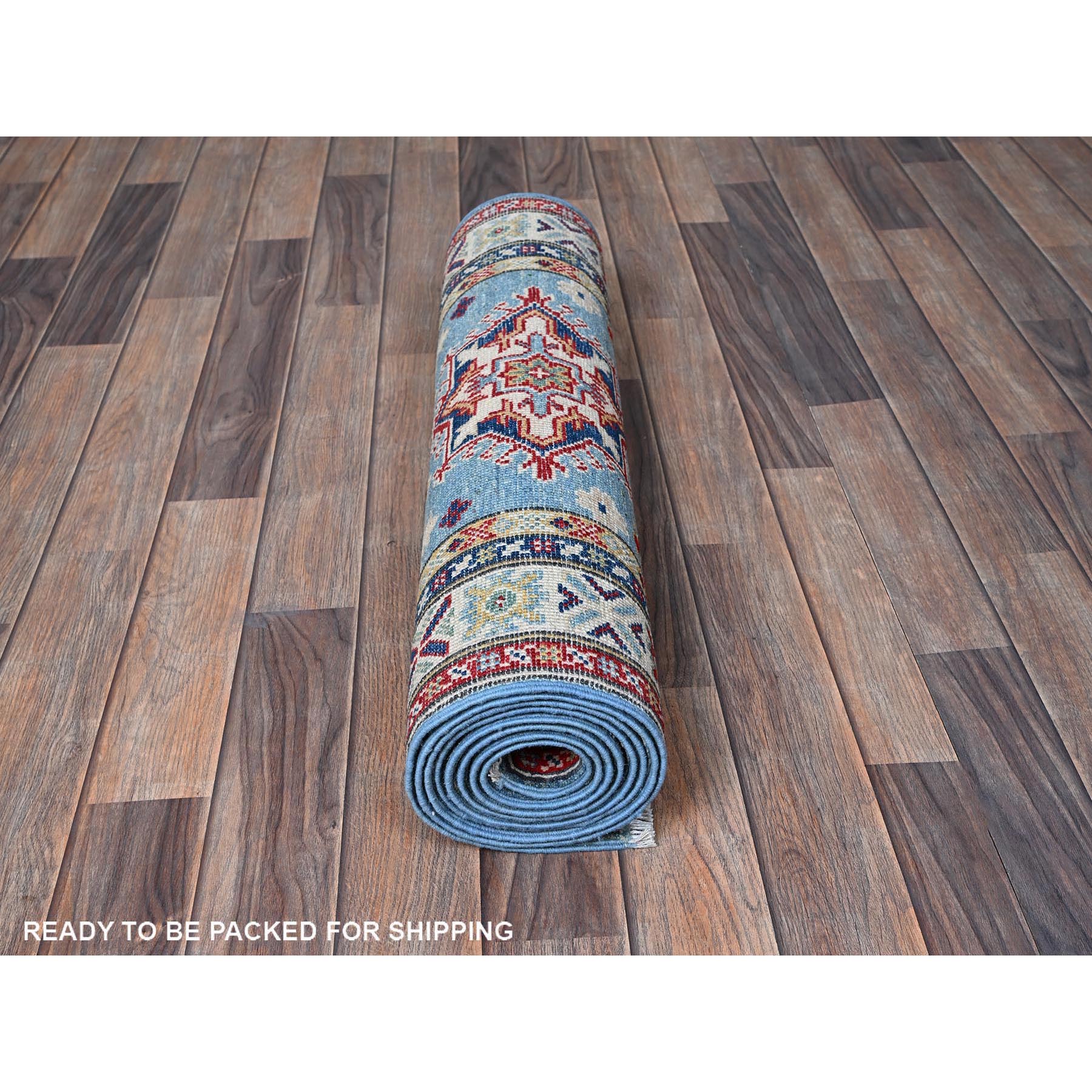 2'7"x9'9" Carolina Blue, Kazak with Tribal Medallions Design, Soft and Shiny Wool, Vegetable Dyes, Hand Knotted, Denser Weave, Runner, Oriental Rug Sh458