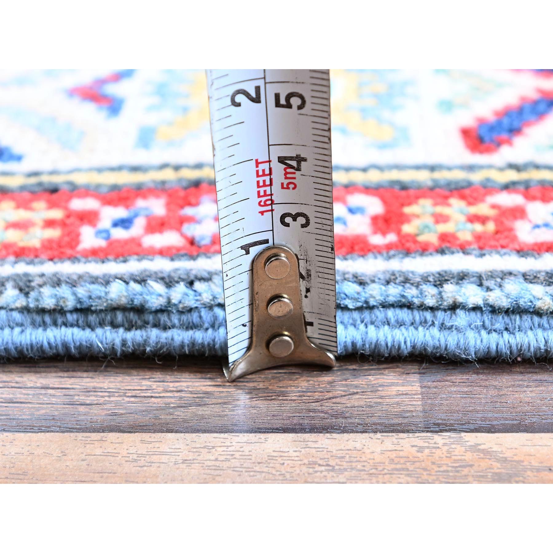 2'7"x9'9" Carolina Blue, Kazak with Tribal Medallions Design, Soft and Shiny Wool, Vegetable Dyes, Hand Knotted, Denser Weave, Runner, Oriental Rug Sh458