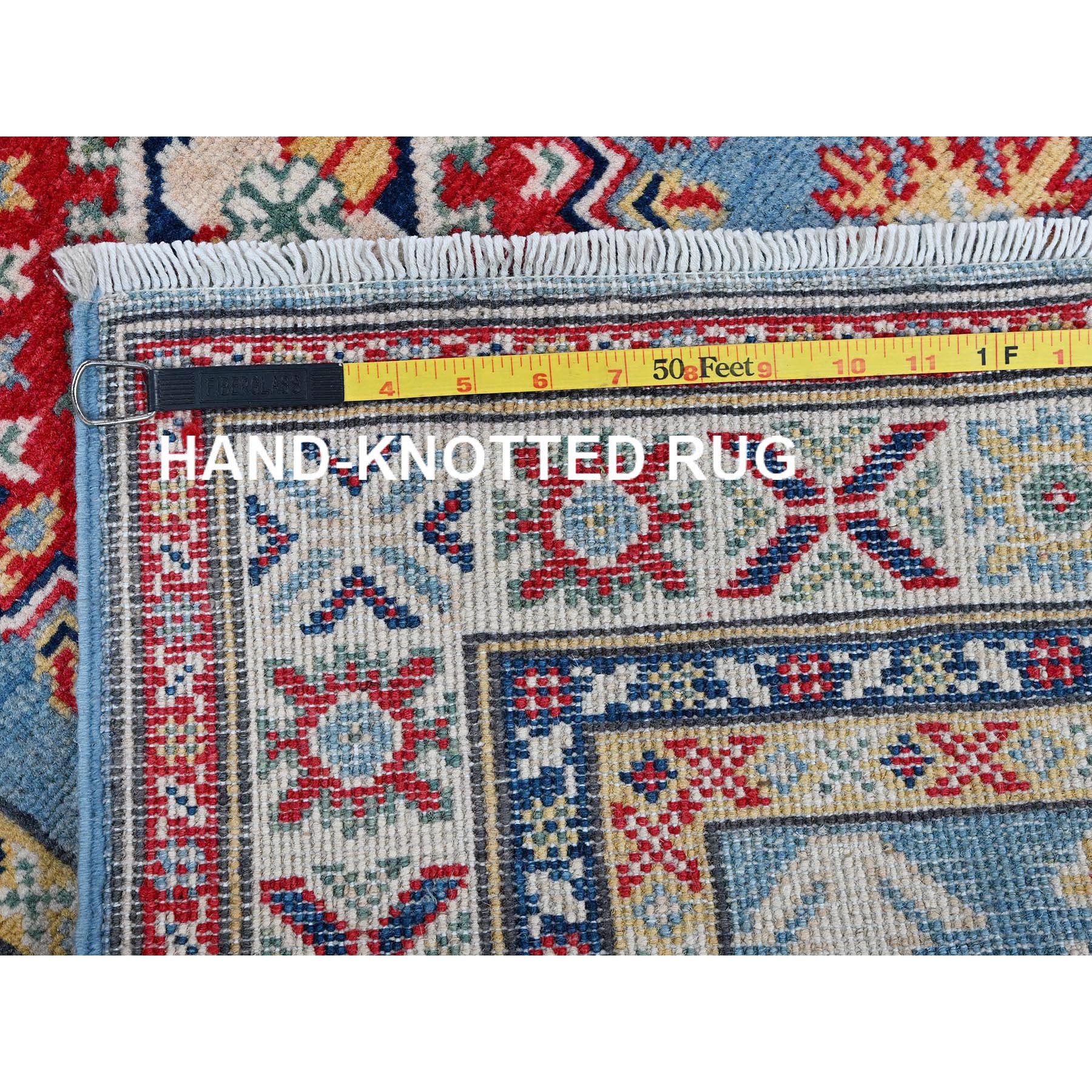 2'7"x9'9" Carolina Blue, Kazak with Tribal Medallions Design, Soft and Shiny Wool, Vegetable Dyes, Hand Knotted, Denser Weave, Runner, Oriental Rug Sh458