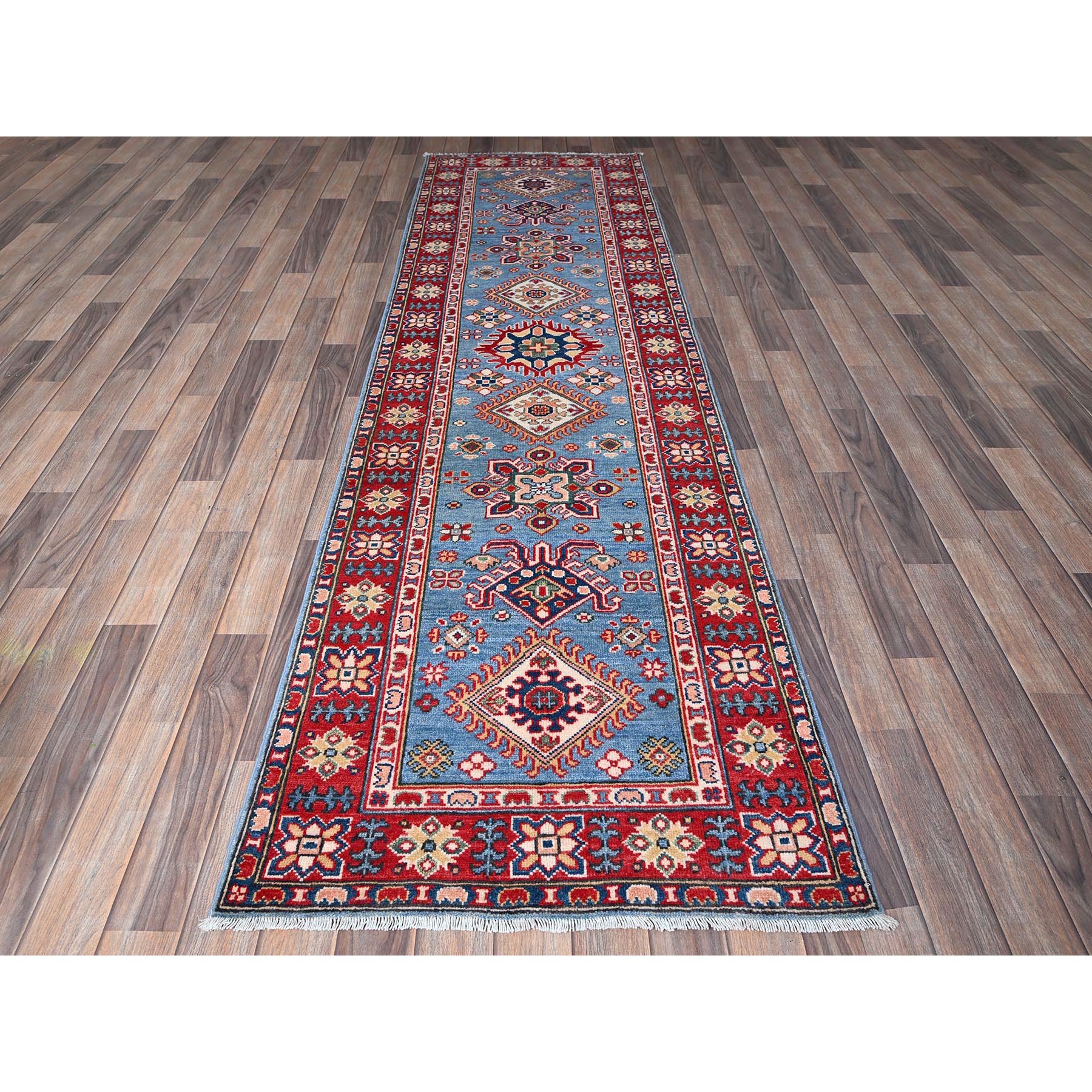 2'9"x9'6" Carolina Blue, Kazak with Tribal Medallions Design, Hand Knotted, Soft and Velvety Wool, Vegetable Dyes, Denser Weave, Runner, Oriental Rug Sh459