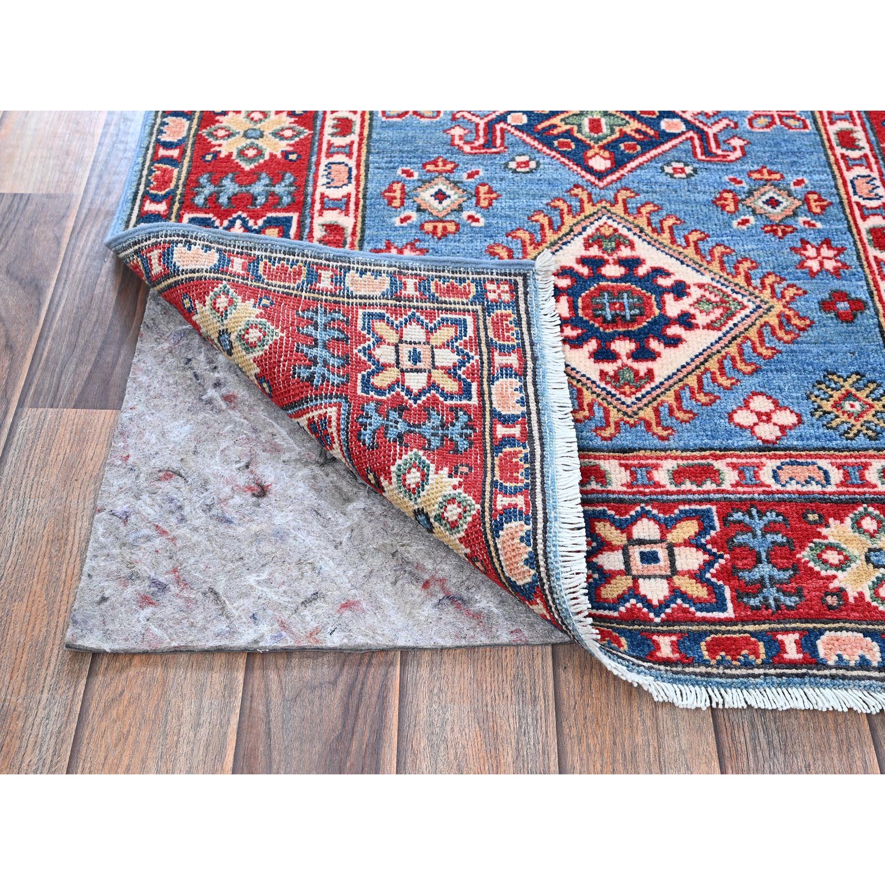 2'9"x9'6" Carolina Blue, Kazak with Tribal Medallions Design, Hand Knotted, Soft and Velvety Wool, Vegetable Dyes, Denser Weave, Runner, Oriental Rug Sh459