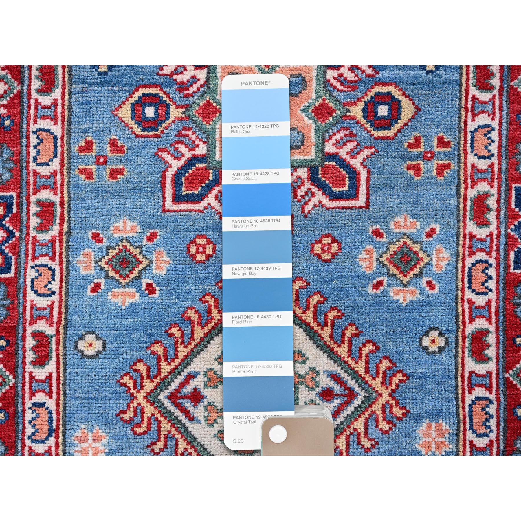 2'9"x9'6" Carolina Blue, Kazak with Tribal Medallions Design, Hand Knotted, Soft and Velvety Wool, Vegetable Dyes, Denser Weave, Runner, Oriental Rug Sh459