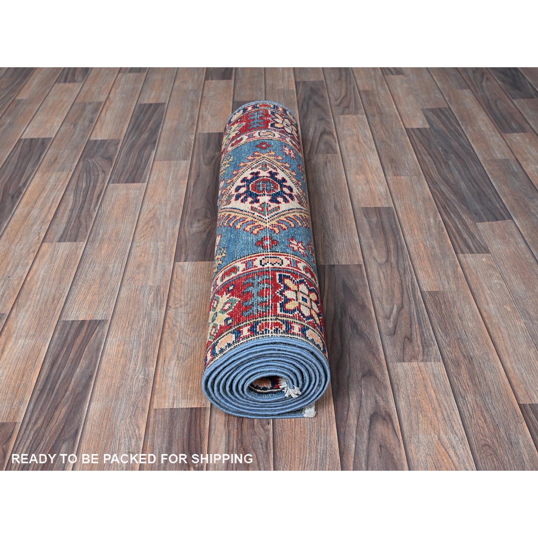 2'9"x9'6" Carolina Blue, Kazak with Tribal Medallions Design, Hand Knotted, Soft and Velvety Wool, Vegetable Dyes, Denser Weave, Runner, Oriental Rug Sh459