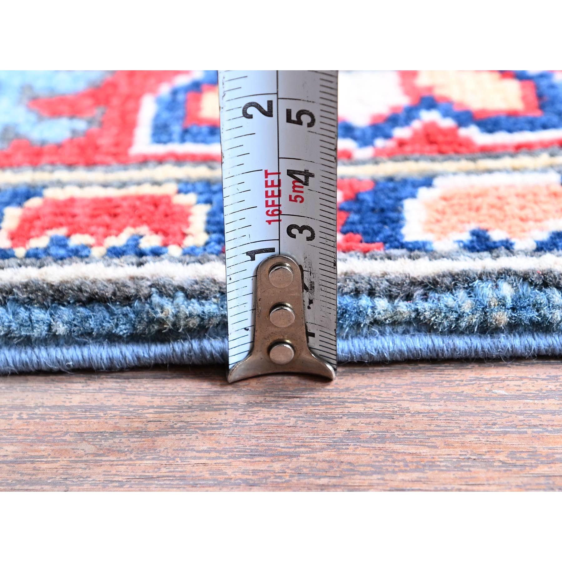 2'9"x9'6" Carolina Blue, Kazak with Tribal Medallions Design, Hand Knotted, Soft and Velvety Wool, Vegetable Dyes, Denser Weave, Runner, Oriental Rug Sh459