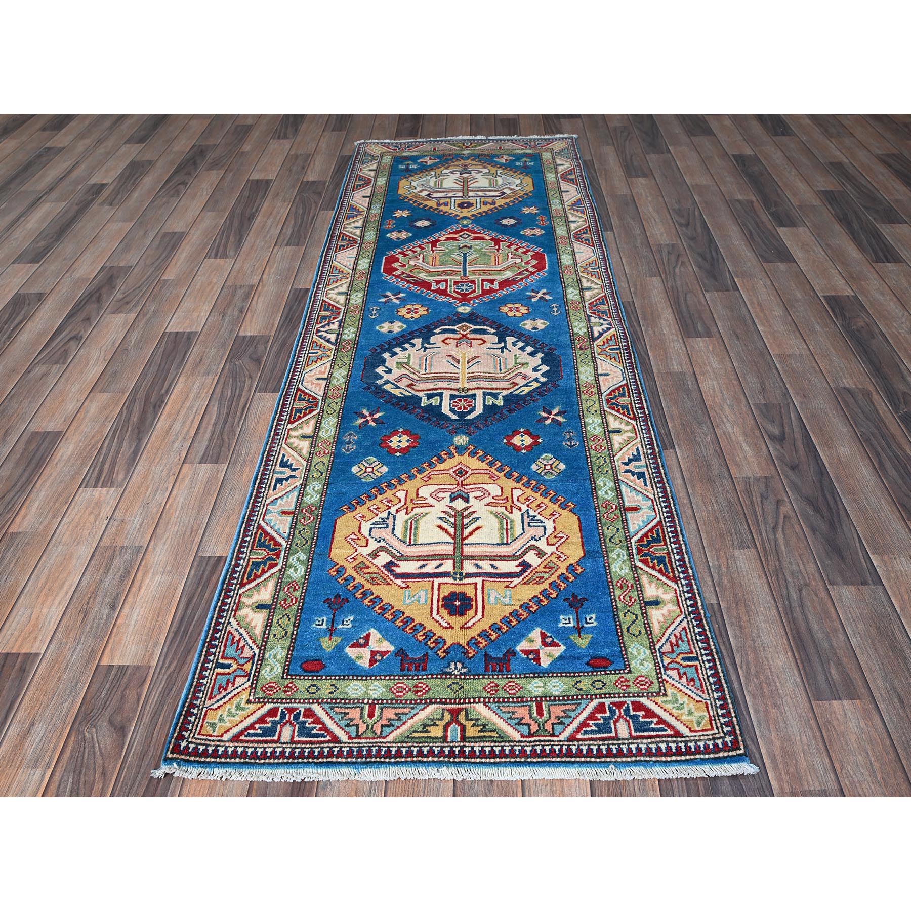 2'9"x8'2" Bayern Blue, Kazak with Tribal Medallions Design, Hand Knotted, Soft and Velvety Wool, Denser Weave, Vegetable Dyes, Runner, Oriental Rug Sh461