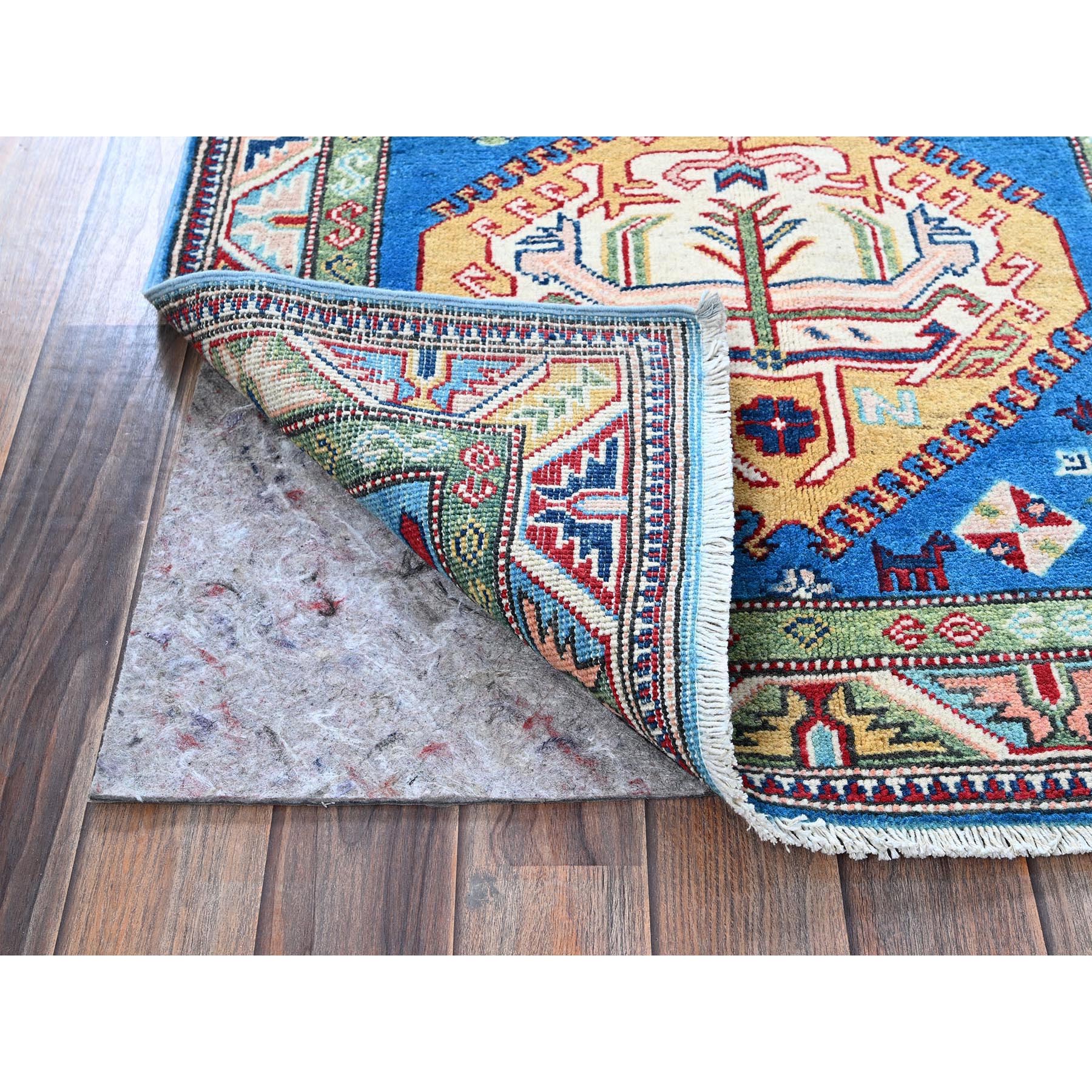 2'9"x8'2" Bayern Blue, Kazak with Tribal Medallions Design, Hand Knotted, Soft and Velvety Wool, Denser Weave, Vegetable Dyes, Runner, Oriental Rug Sh461