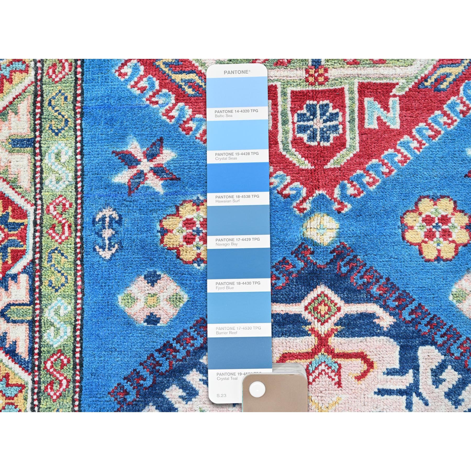 2'9"x8'2" Bayern Blue, Kazak with Tribal Medallions Design, Hand Knotted, Soft and Velvety Wool, Denser Weave, Vegetable Dyes, Runner, Oriental Rug Sh461