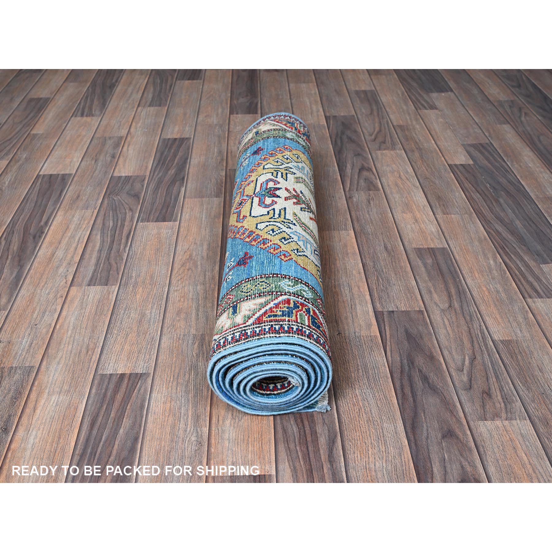 2'9"x8'2" Bayern Blue, Kazak with Tribal Medallions Design, Hand Knotted, Soft and Velvety Wool, Denser Weave, Vegetable Dyes, Runner, Oriental Rug Sh461