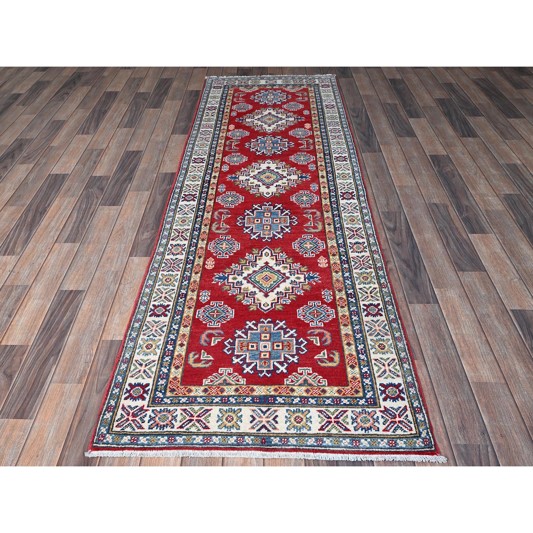 2'8"x8'2" Ajax Red, Kazak with Geometric Medallions Design, Soft and Shiny Wool, Hand Knotted, Vegetable Dyes, Denser Weave, Runner, Oriental Rug Sh462