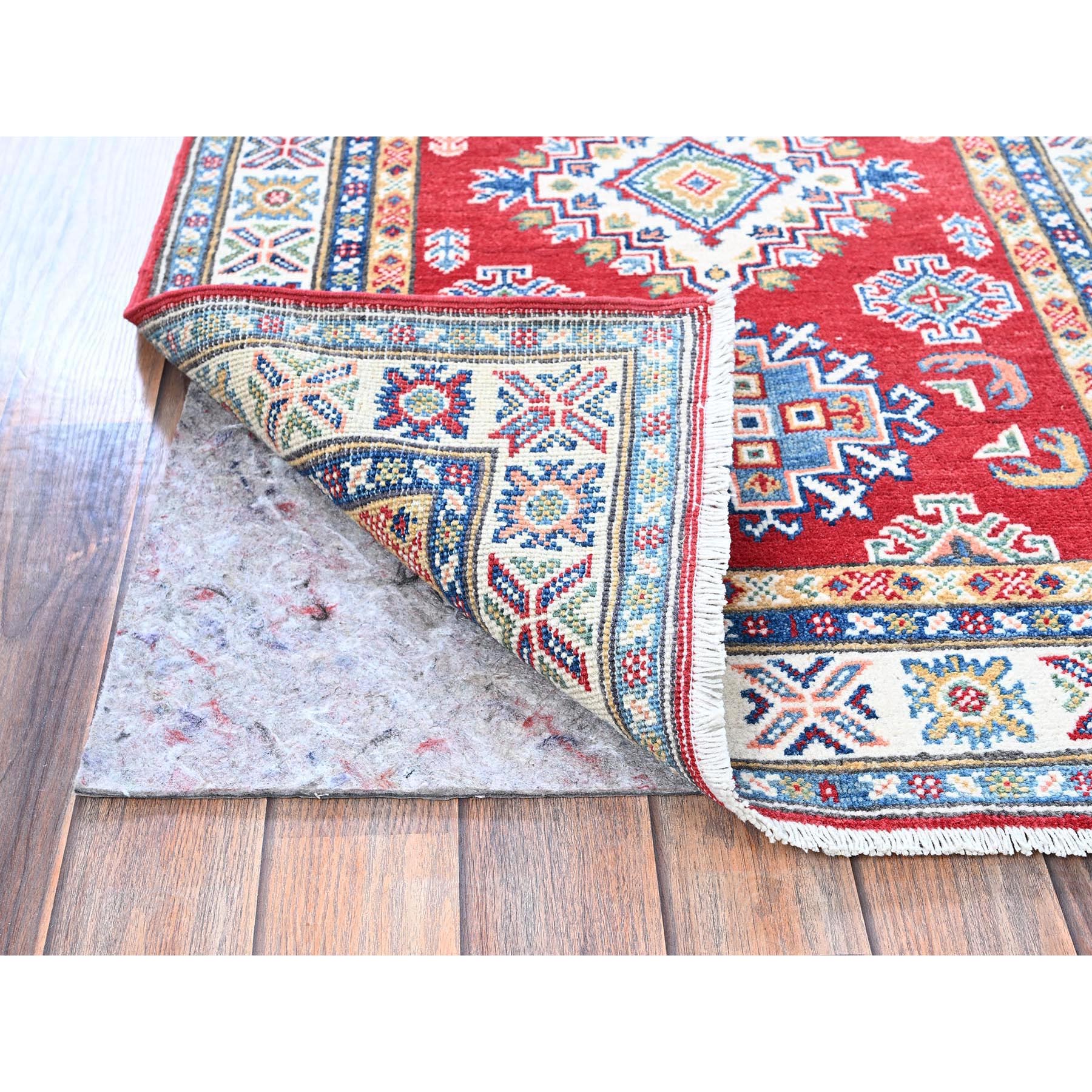 2'8"x8'2" Ajax Red, Kazak with Geometric Medallions Design, Soft and Shiny Wool, Hand Knotted, Vegetable Dyes, Denser Weave, Runner, Oriental Rug Sh462