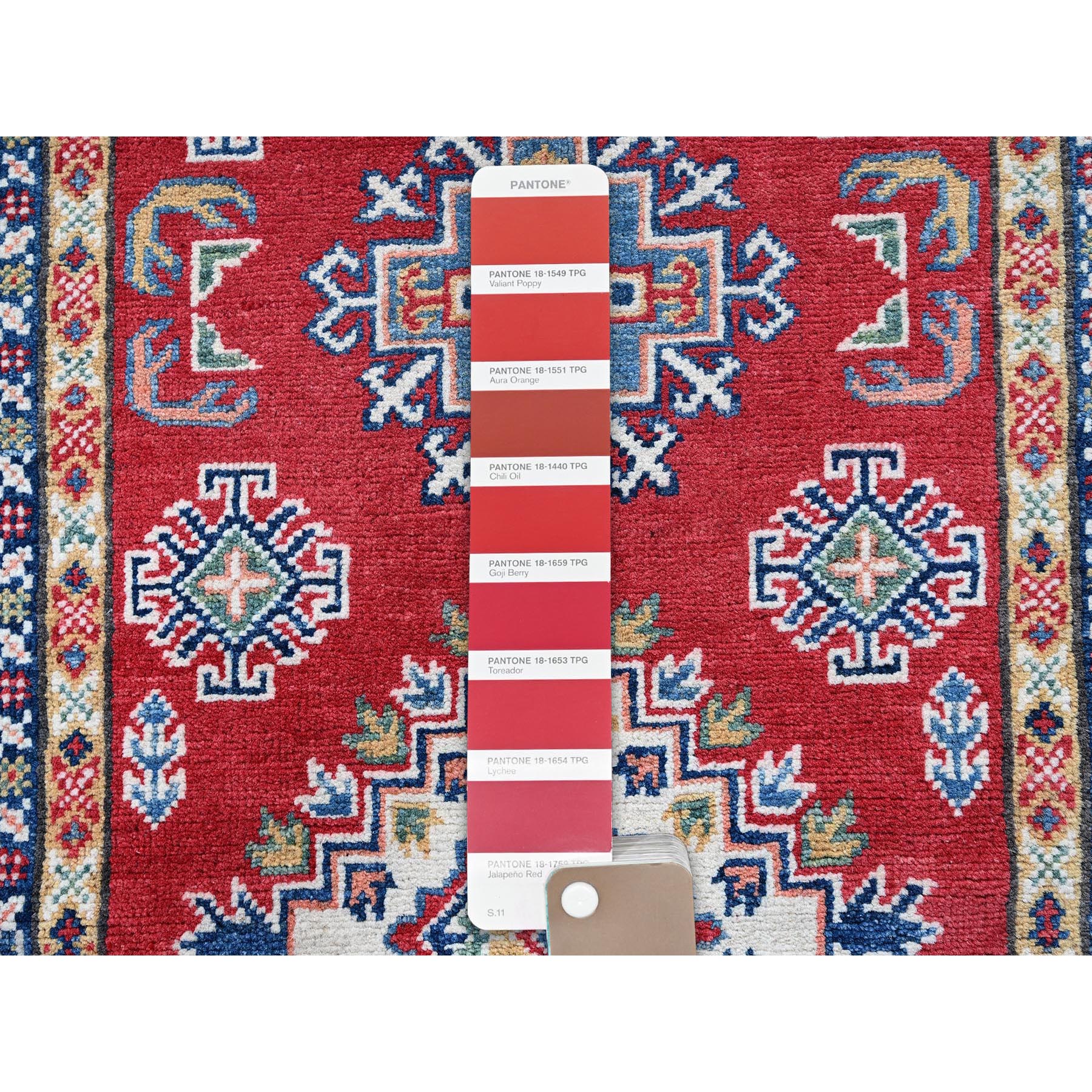 2'8"x8'2" Ajax Red, Kazak with Geometric Medallions Design, Soft and Shiny Wool, Hand Knotted, Vegetable Dyes, Denser Weave, Runner, Oriental Rug Sh462