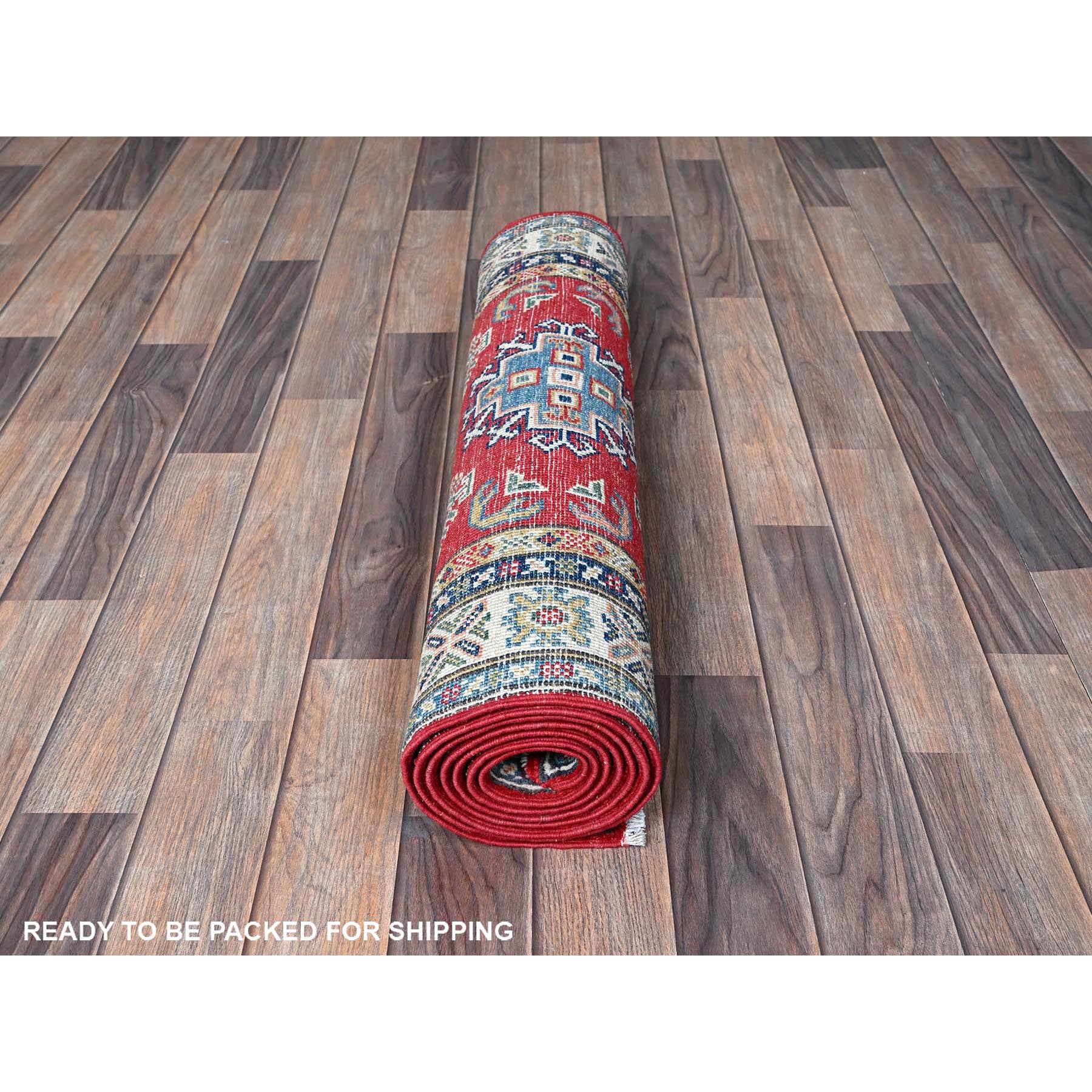 2'8"x8'2" Ajax Red, Kazak with Geometric Medallions Design, Soft and Shiny Wool, Hand Knotted, Vegetable Dyes, Denser Weave, Runner, Oriental Rug Sh462