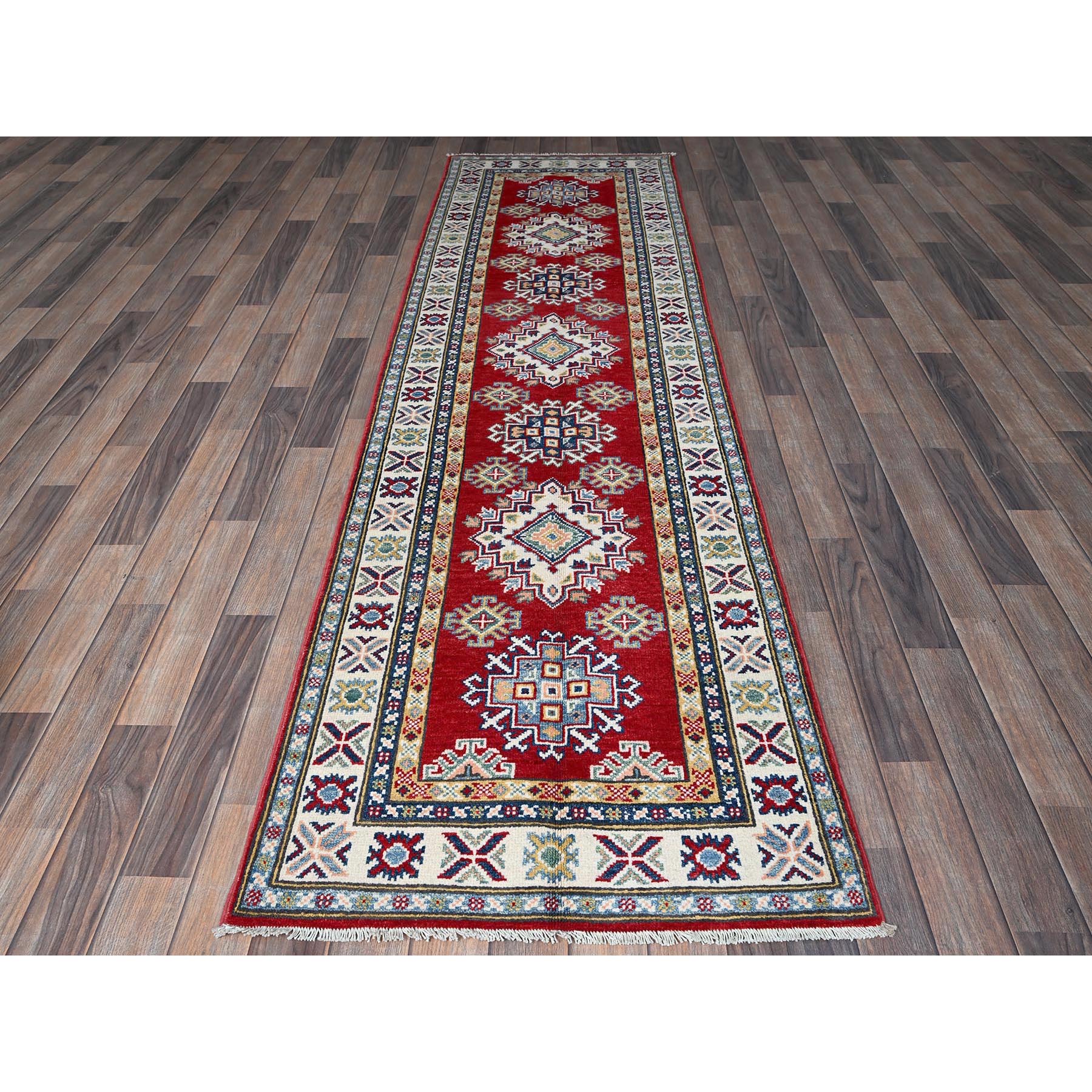 2'8"x9'6" Crimson Red, Kazak with Geometric Medallions Design, Hand Knotted, Soft and Shiny Wool, Vegetable Dyes, Denser Weave, Runner, Oriental Rug Sh463