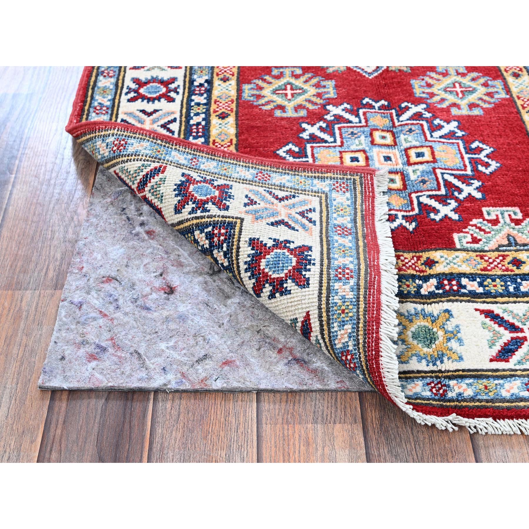 2'8"x9'6" Crimson Red, Kazak with Geometric Medallions Design, Hand Knotted, Soft and Shiny Wool, Vegetable Dyes, Denser Weave, Runner, Oriental Rug Sh463