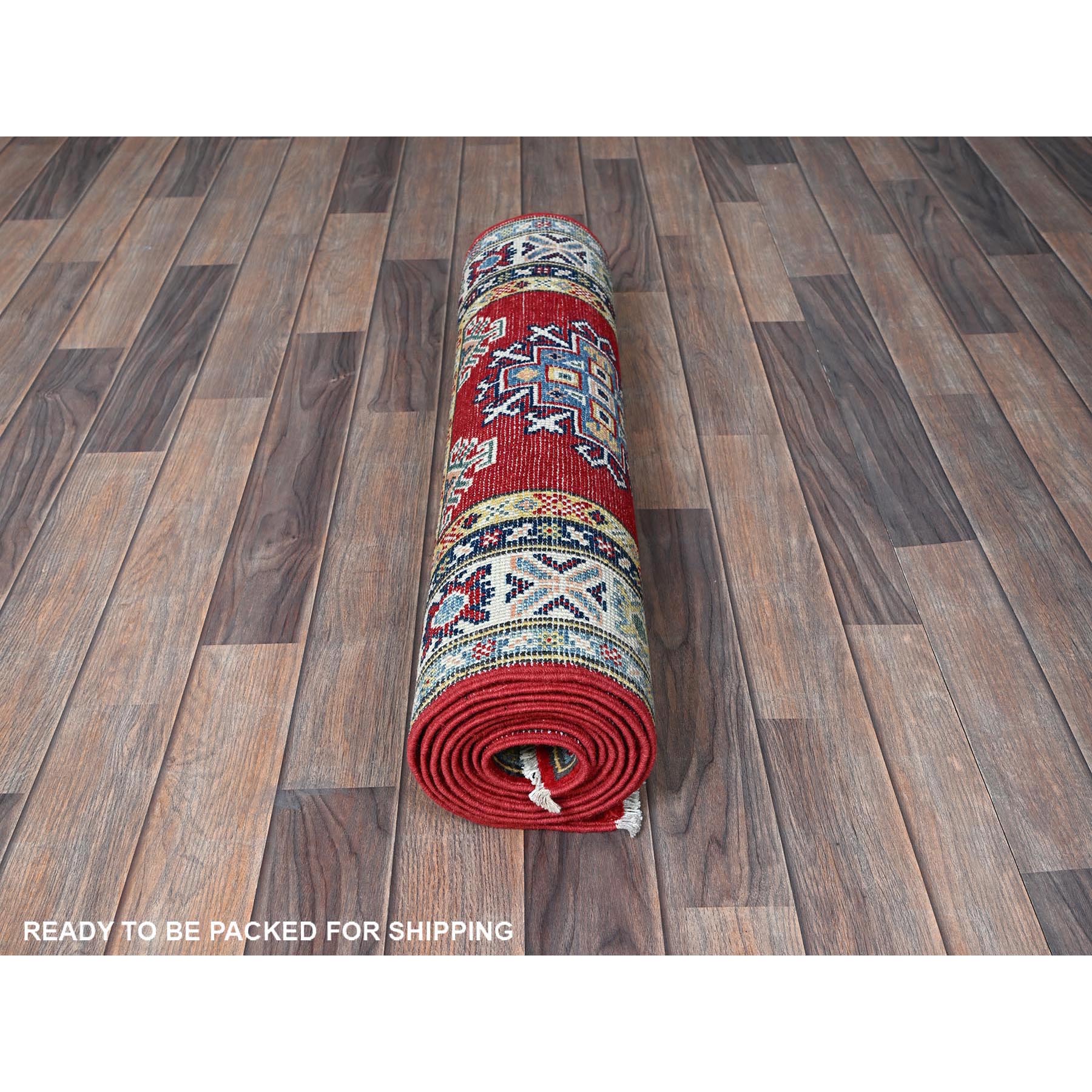 2'8"x9'6" Crimson Red, Kazak with Geometric Medallions Design, Hand Knotted, Soft and Shiny Wool, Vegetable Dyes, Denser Weave, Runner, Oriental Rug Sh463