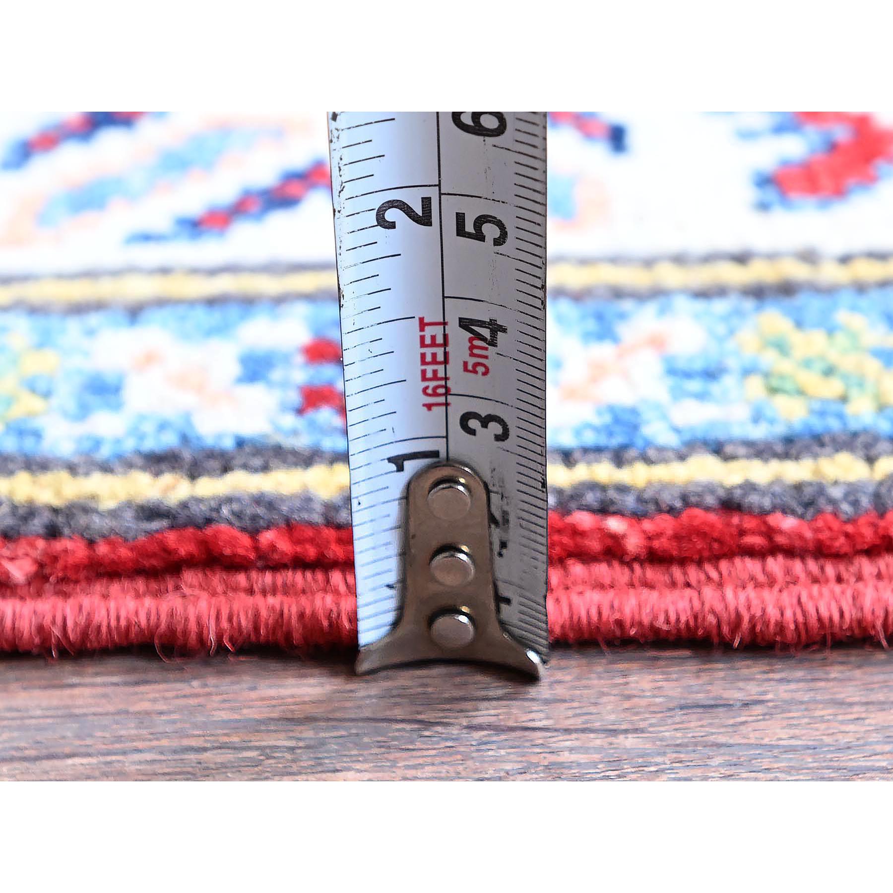 2'8"x9'6" Crimson Red, Kazak with Geometric Medallions Design, Hand Knotted, Soft and Shiny Wool, Vegetable Dyes, Denser Weave, Runner, Oriental Rug Sh463
