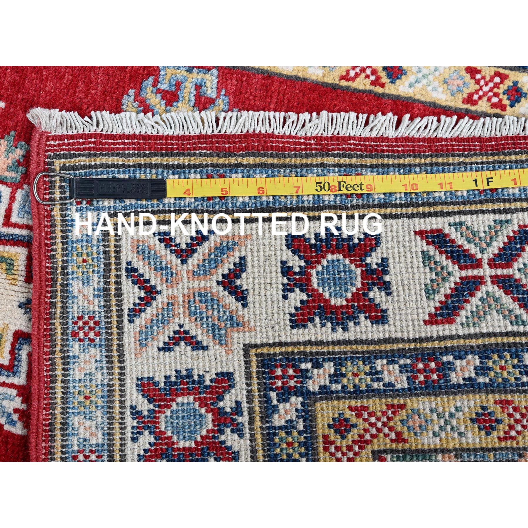 2'8"x9'6" Crimson Red, Kazak with Geometric Medallions Design, Hand Knotted, Soft and Shiny Wool, Vegetable Dyes, Denser Weave, Runner, Oriental Rug Sh463