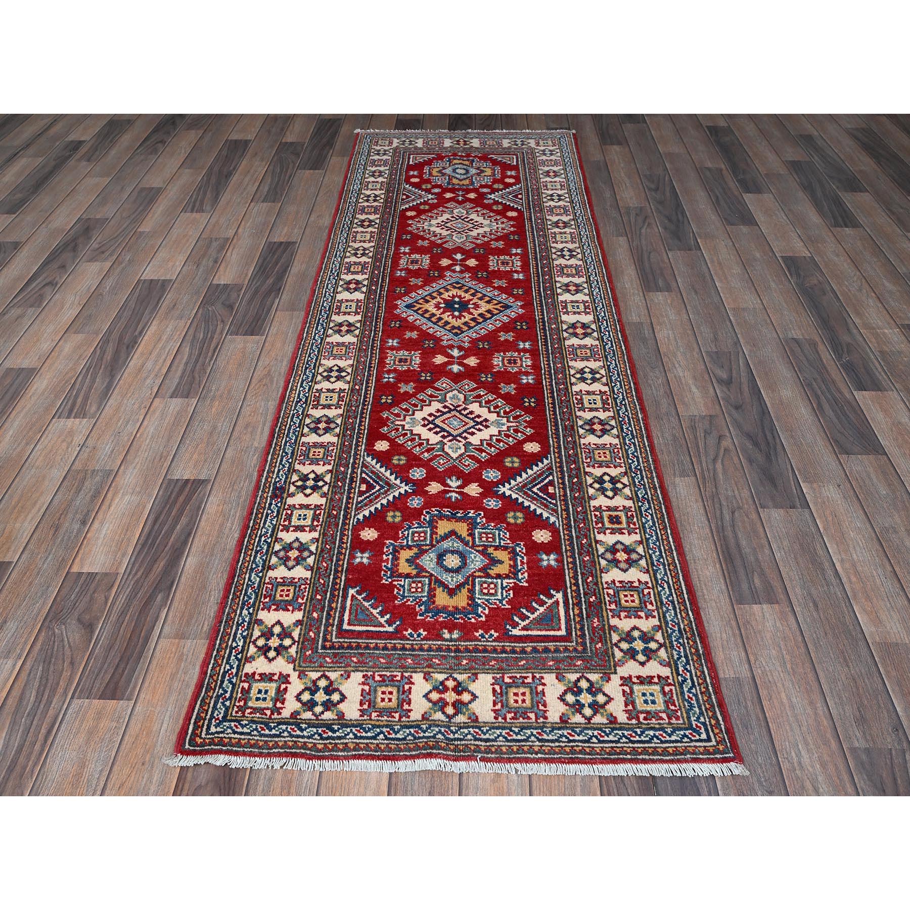 2'6"x7'9" Berry Red, Kazak with Geometric Medallions Design, Soft and Velvety Wool, Hand Knotted, Vegetable Dyes, Denser Weave, Runner, Oriental Rug Sh464