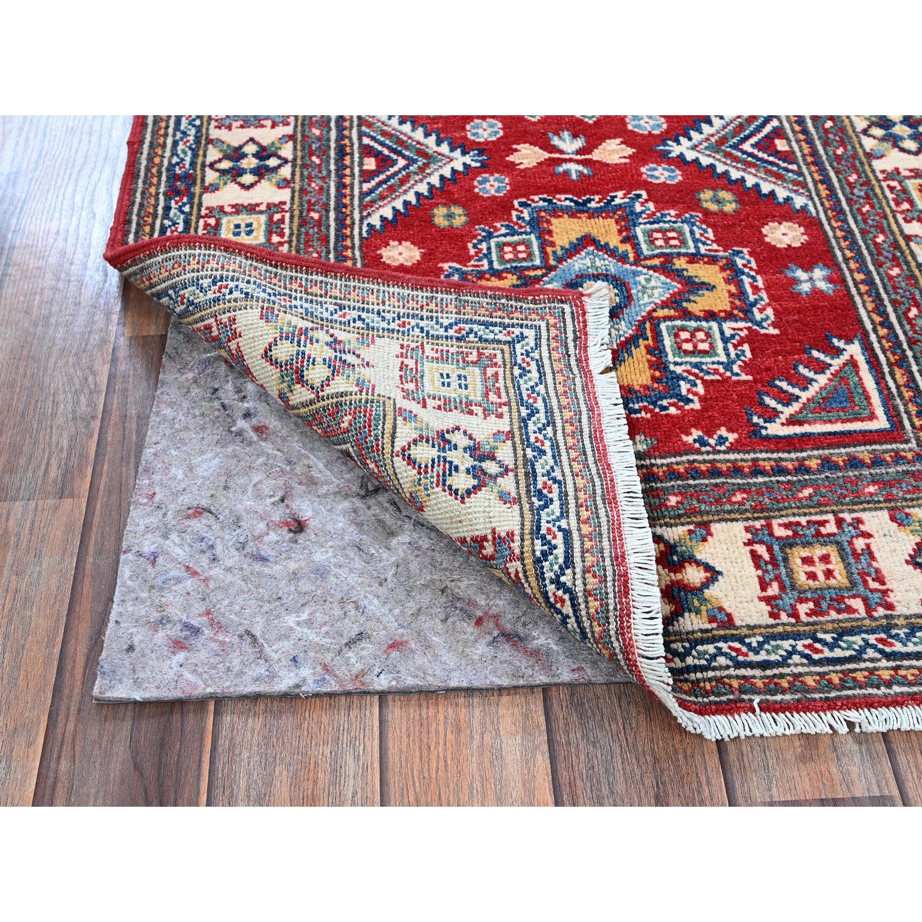 2'6"x7'9" Berry Red, Kazak with Geometric Medallions Design, Soft and Velvety Wool, Hand Knotted, Vegetable Dyes, Denser Weave, Runner, Oriental Rug Sh464