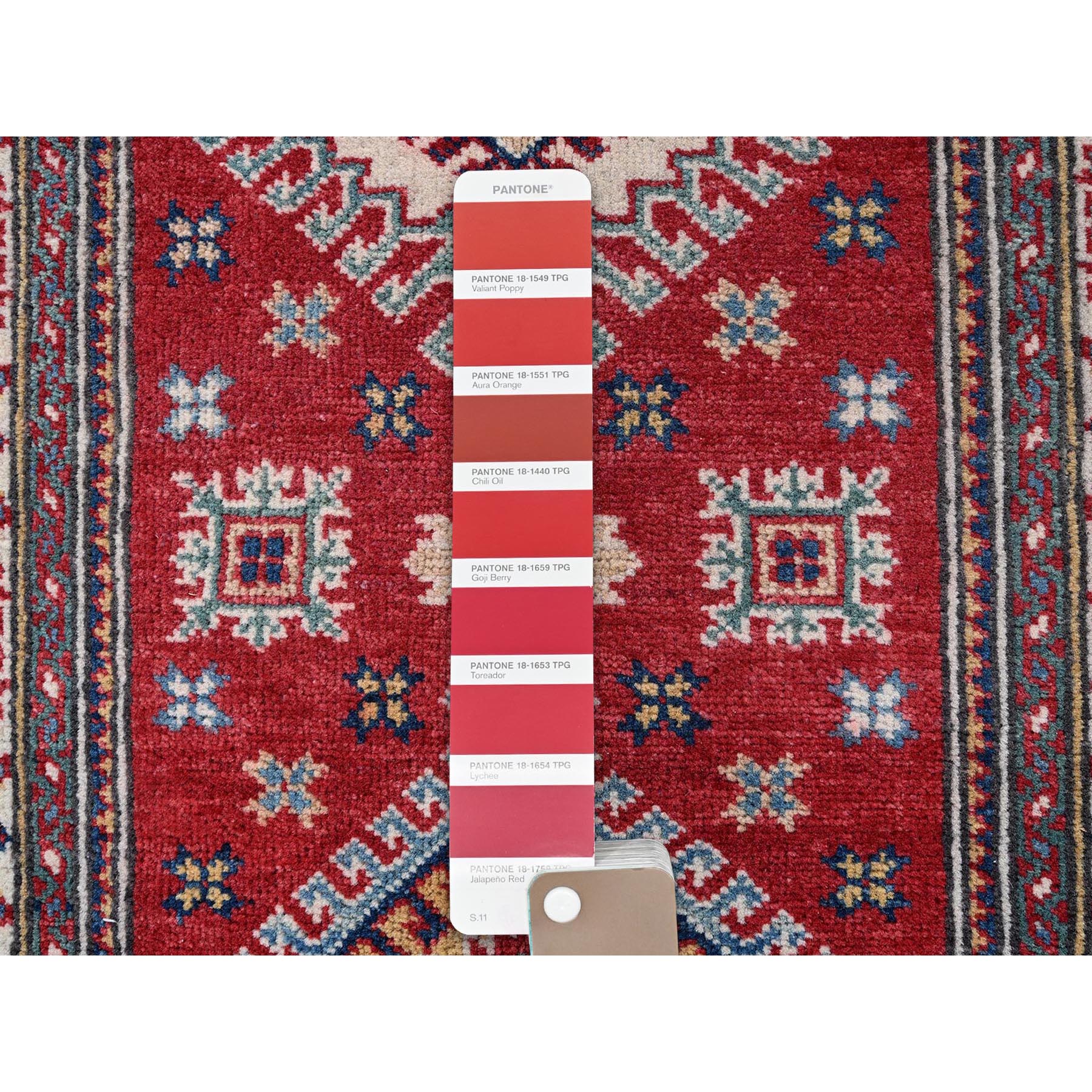 2'6"x7'9" Berry Red, Kazak with Geometric Medallions Design, Soft and Velvety Wool, Hand Knotted, Vegetable Dyes, Denser Weave, Runner, Oriental Rug Sh464