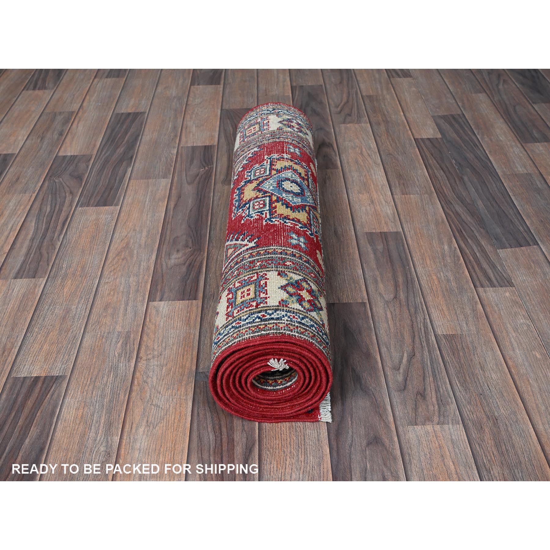 2'6"x7'9" Berry Red, Kazak with Geometric Medallions Design, Soft and Velvety Wool, Hand Knotted, Vegetable Dyes, Denser Weave, Runner, Oriental Rug Sh464