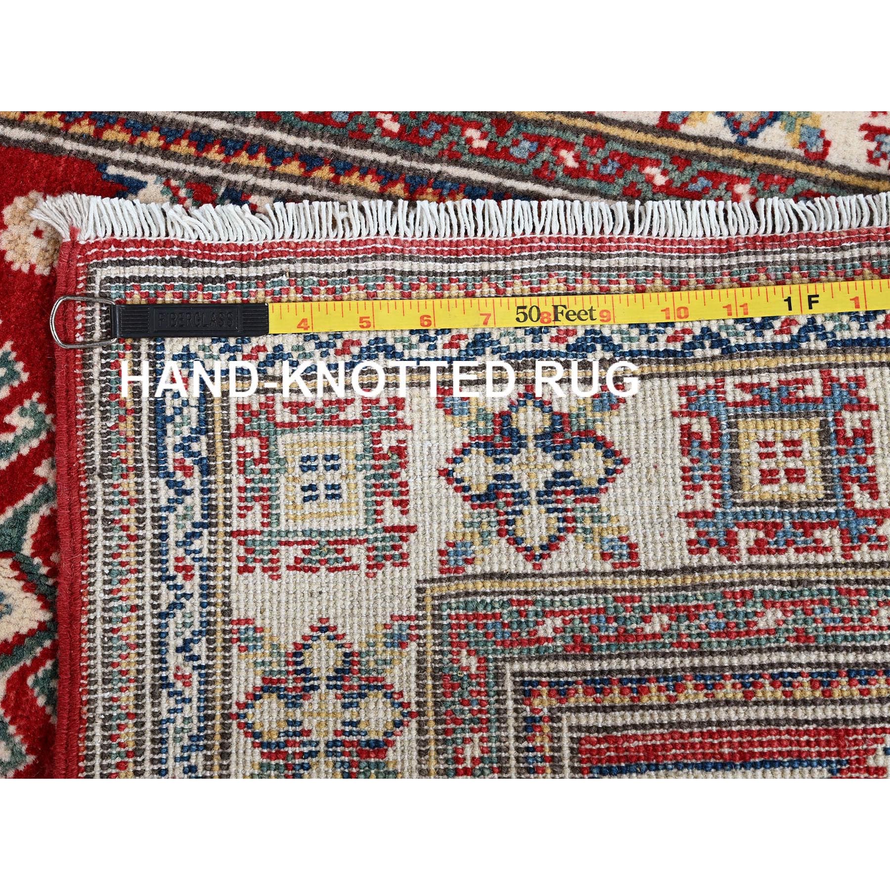 2'6"x7'9" Berry Red, Kazak with Geometric Medallions Design, Soft and Velvety Wool, Hand Knotted, Vegetable Dyes, Denser Weave, Runner, Oriental Rug Sh464