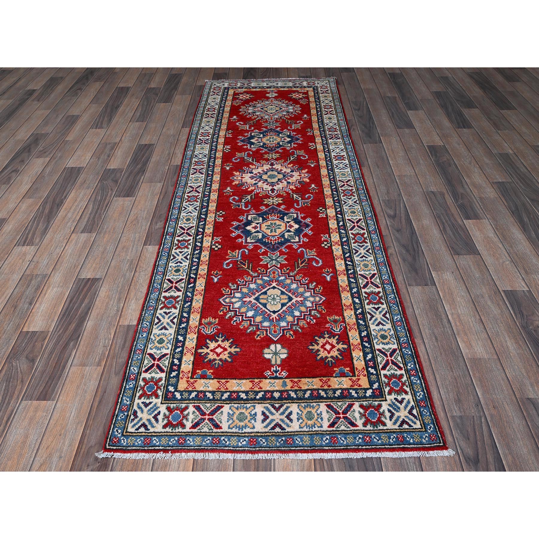 2'9"x8' Scarlet Red, Kazak with Tribal Medallions Design, Hand Knotted, Soft and Velvety Wool, Vegetable Dyes, Denser Weave, Runner, Oriental Rug Sh465