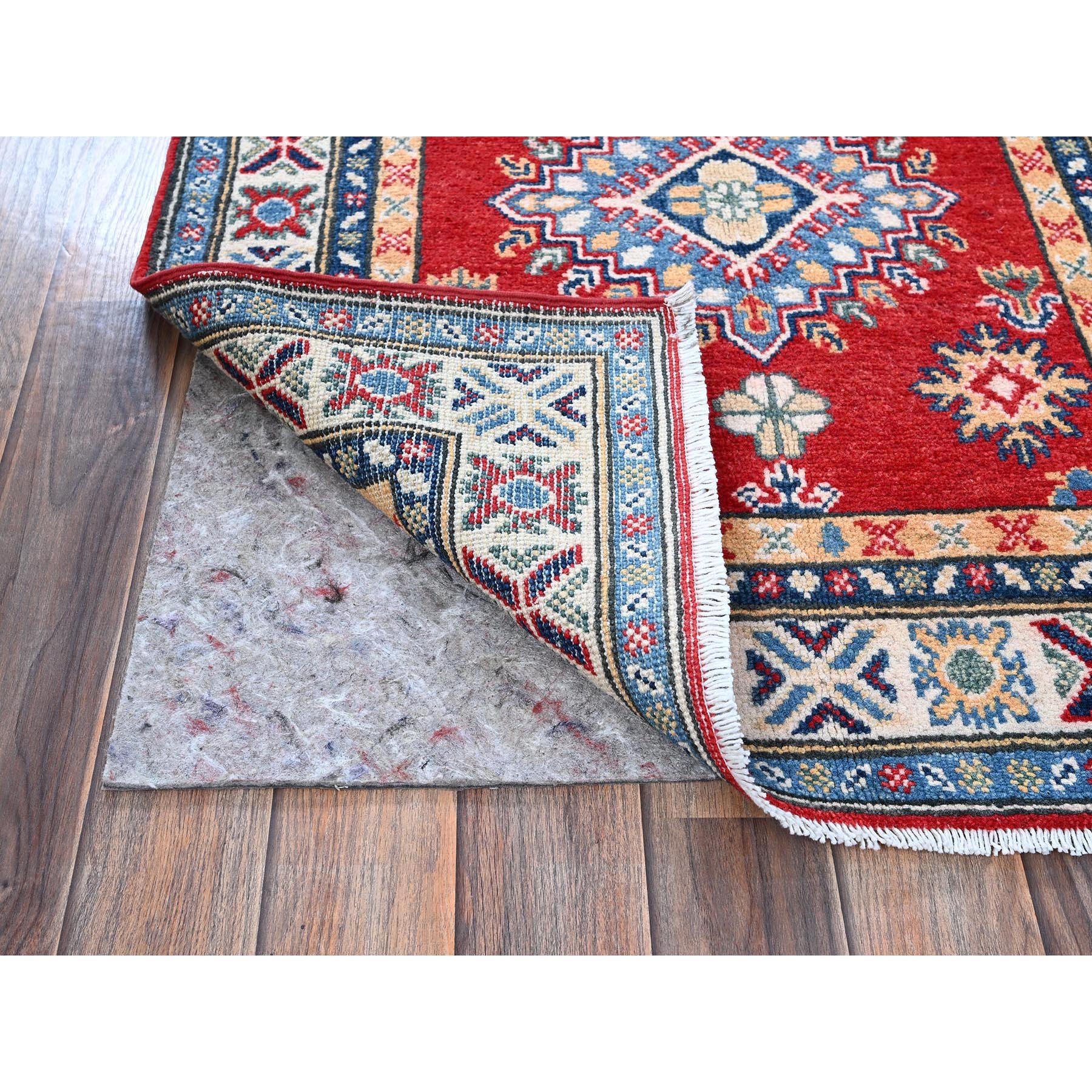 2'9"x8' Scarlet Red, Kazak with Tribal Medallions Design, Hand Knotted, Soft and Velvety Wool, Vegetable Dyes, Denser Weave, Runner, Oriental Rug Sh465