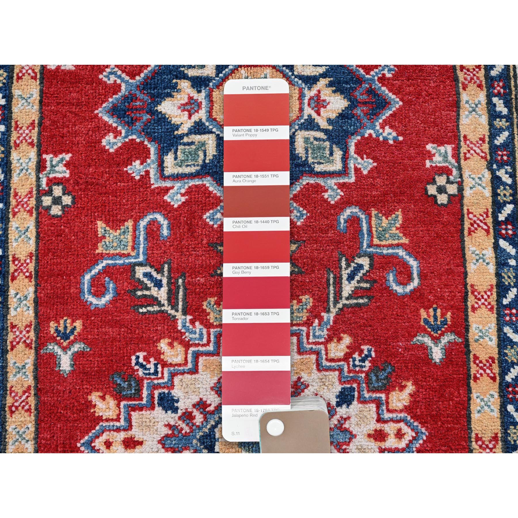 2'9"x8' Scarlet Red, Kazak with Tribal Medallions Design, Hand Knotted, Soft and Velvety Wool, Vegetable Dyes, Denser Weave, Runner, Oriental Rug Sh465