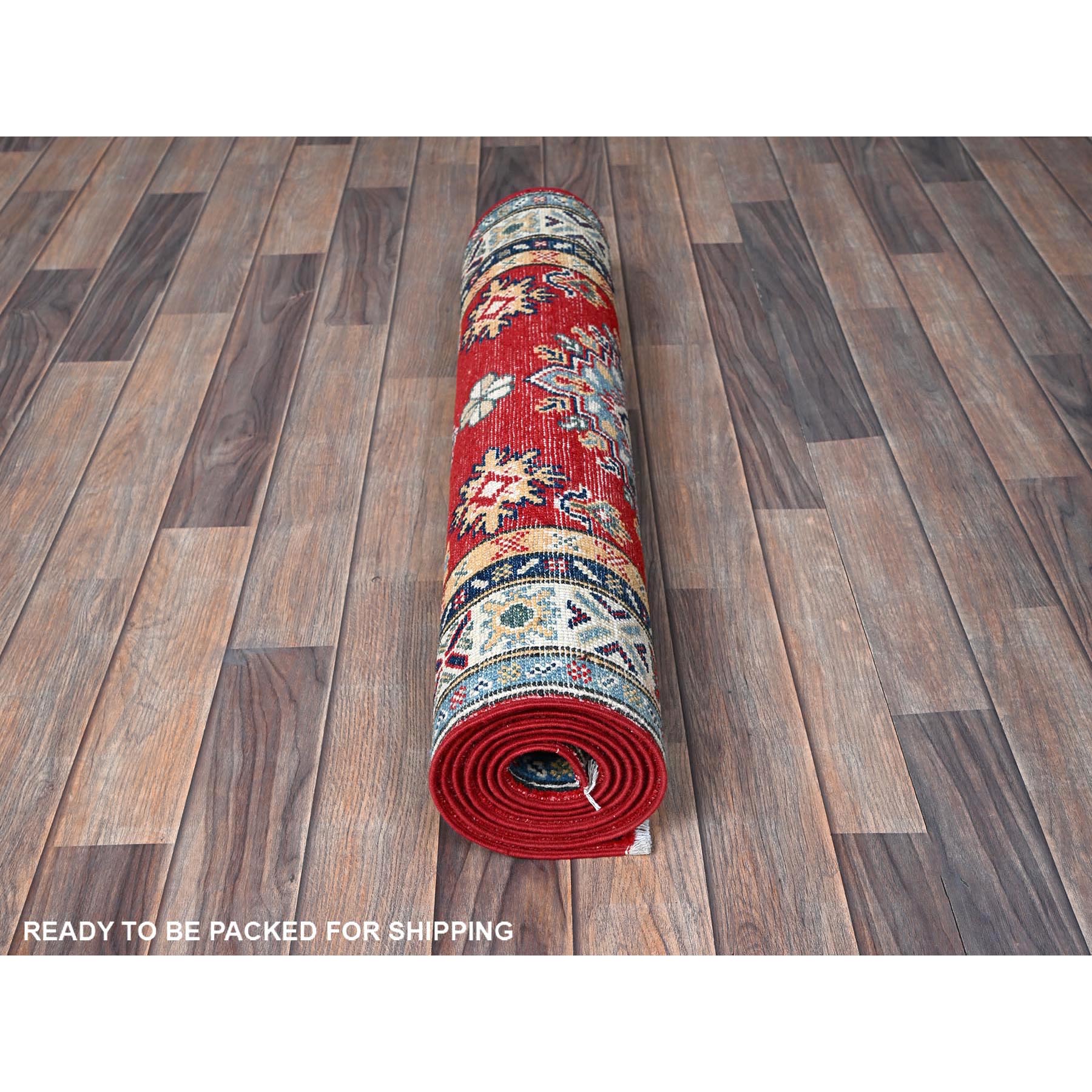 2'9"x8' Scarlet Red, Kazak with Tribal Medallions Design, Hand Knotted, Soft and Velvety Wool, Vegetable Dyes, Denser Weave, Runner, Oriental Rug Sh465