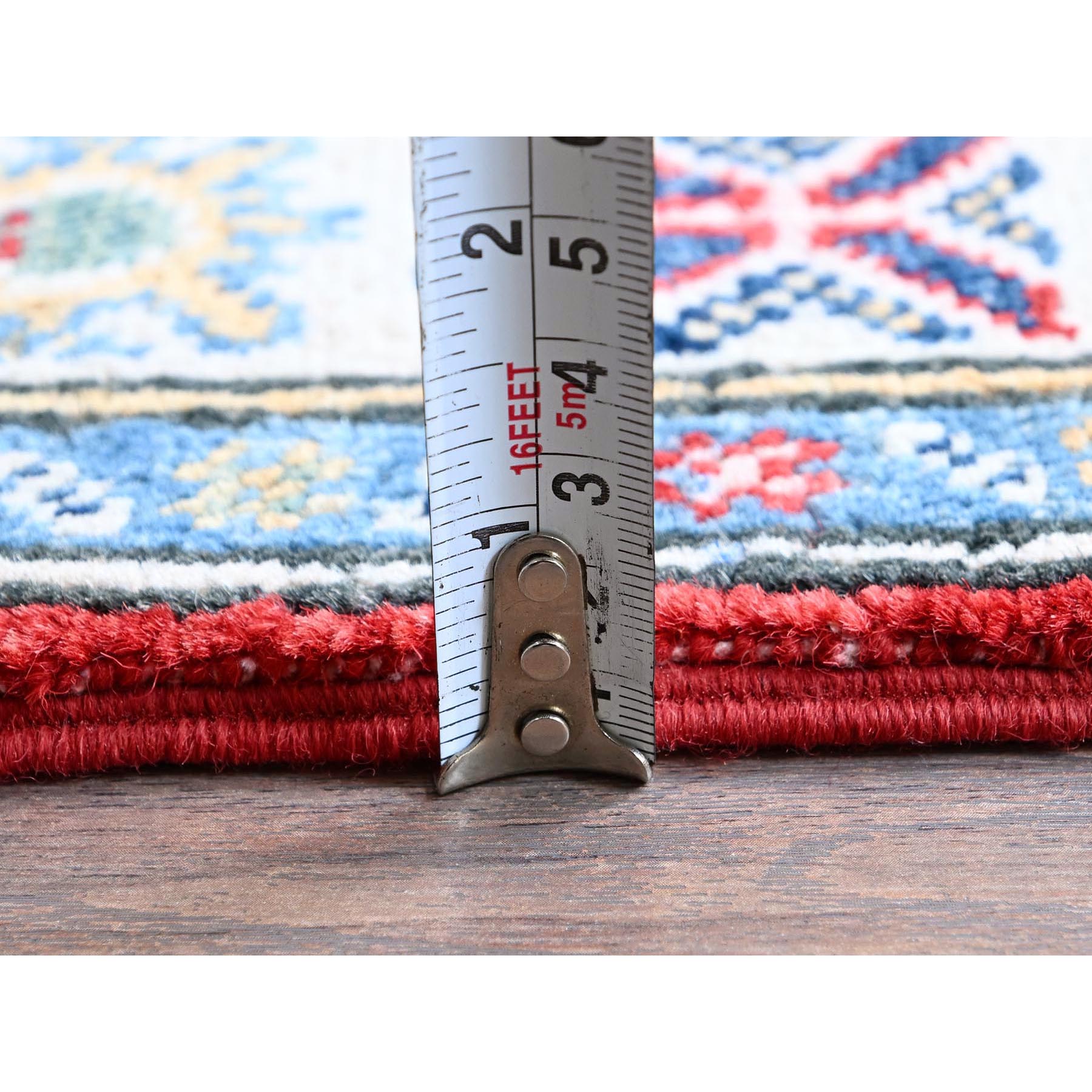 2'9"x8' Scarlet Red, Kazak with Tribal Medallions Design, Hand Knotted, Soft and Velvety Wool, Vegetable Dyes, Denser Weave, Runner, Oriental Rug Sh465