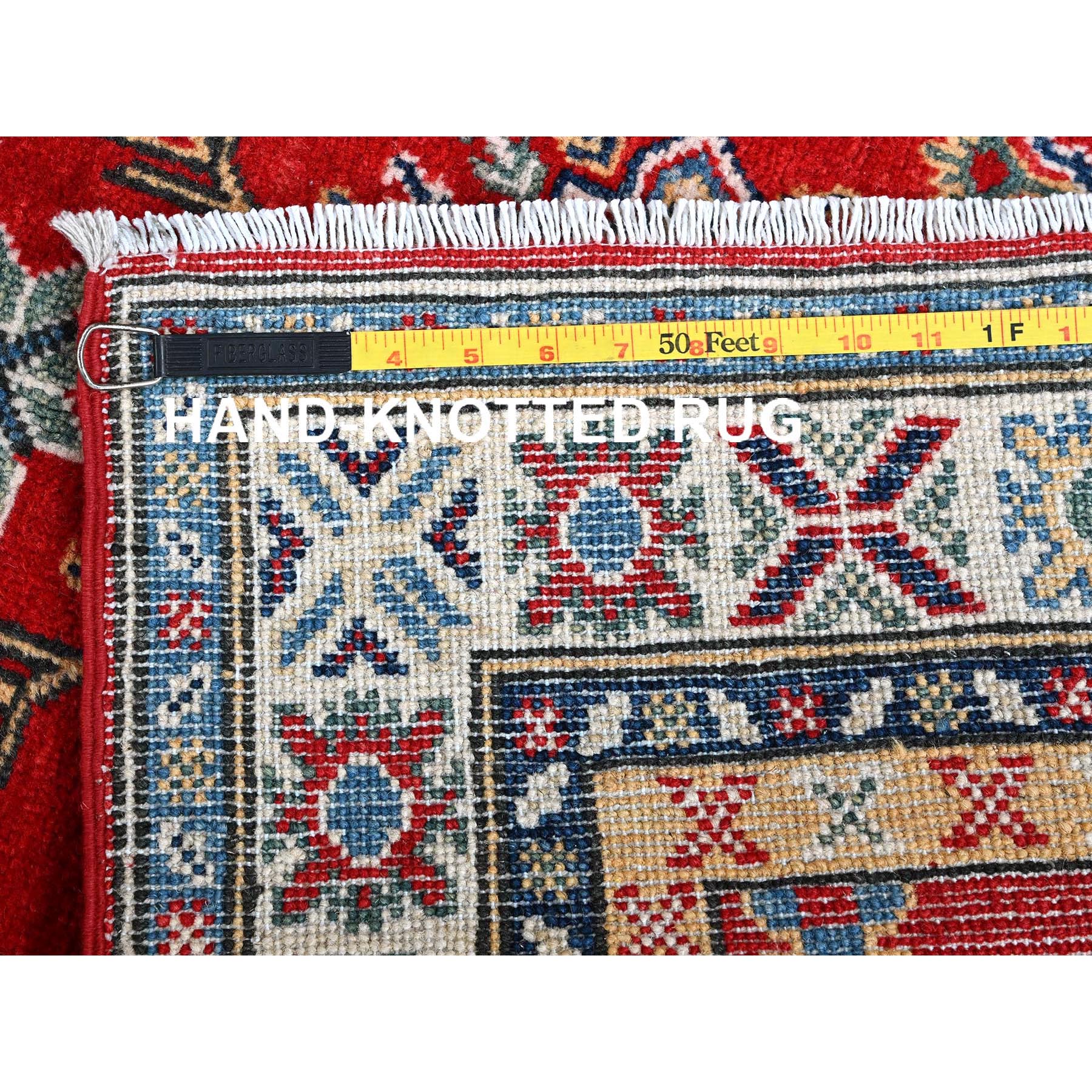 2'9"x8' Scarlet Red, Kazak with Tribal Medallions Design, Hand Knotted, Soft and Velvety Wool, Vegetable Dyes, Denser Weave, Runner, Oriental Rug Sh465