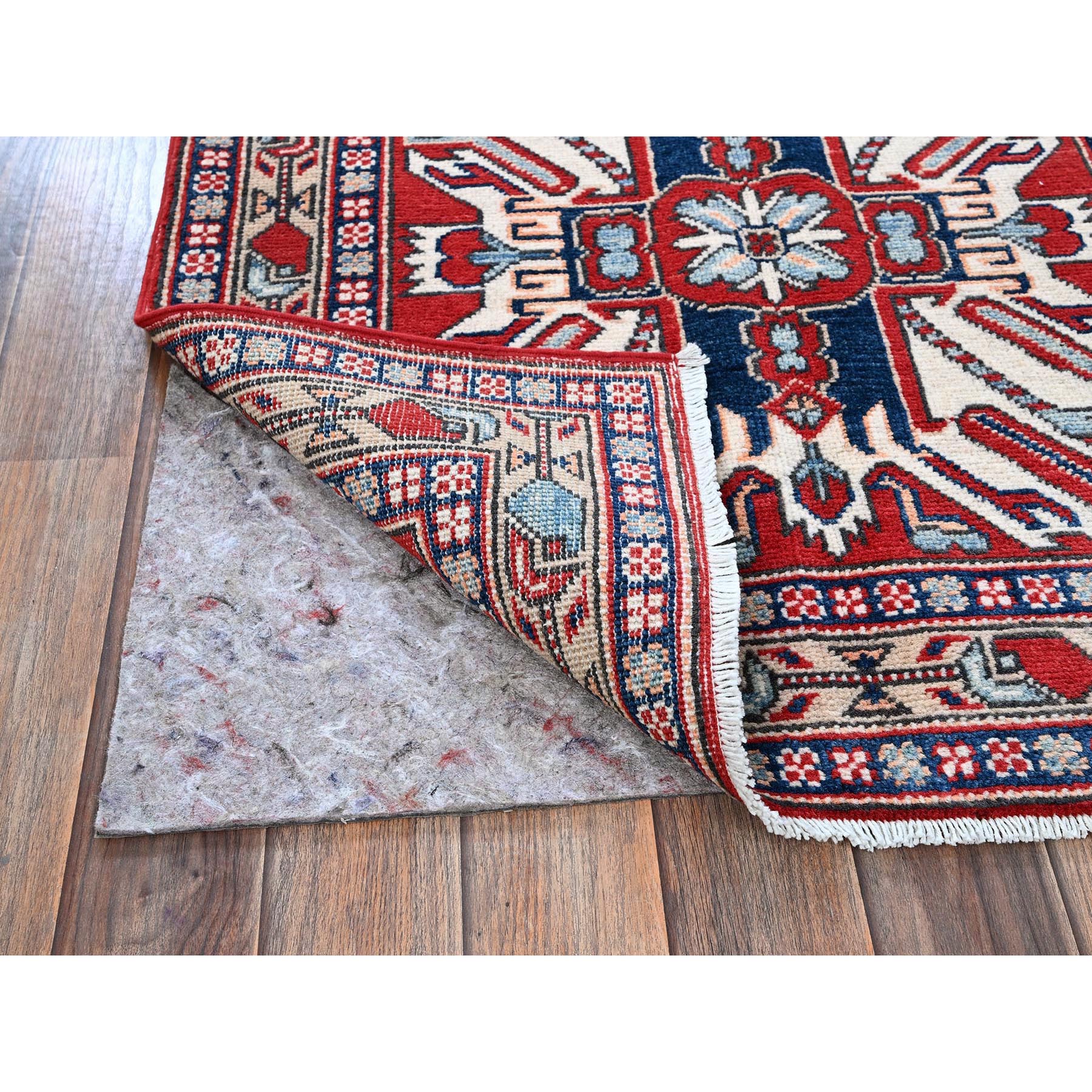 2'9"x9'10" Crimson Red, Eagle Kazak with Tribal Medallions Design, Soft and Shiny Wool, Hand Knotted, Vegetable Dyes, Denser Weave, Runner, Oriental Rug Sh466